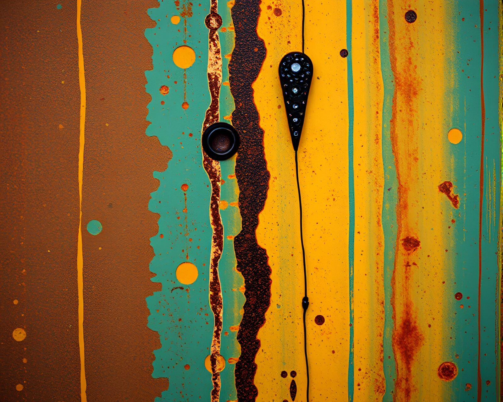 Abstract dadaist composition of skateboard with rust streaks