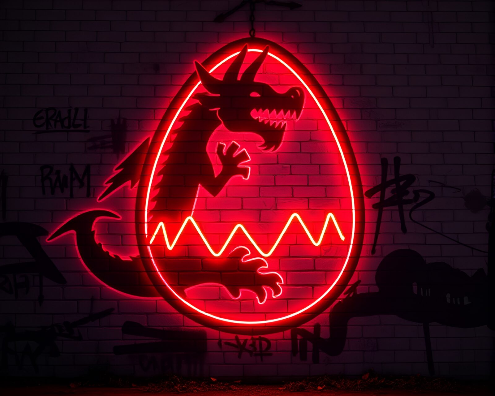 Colorful dragon egg graffiti glowing in silhouette neon lights