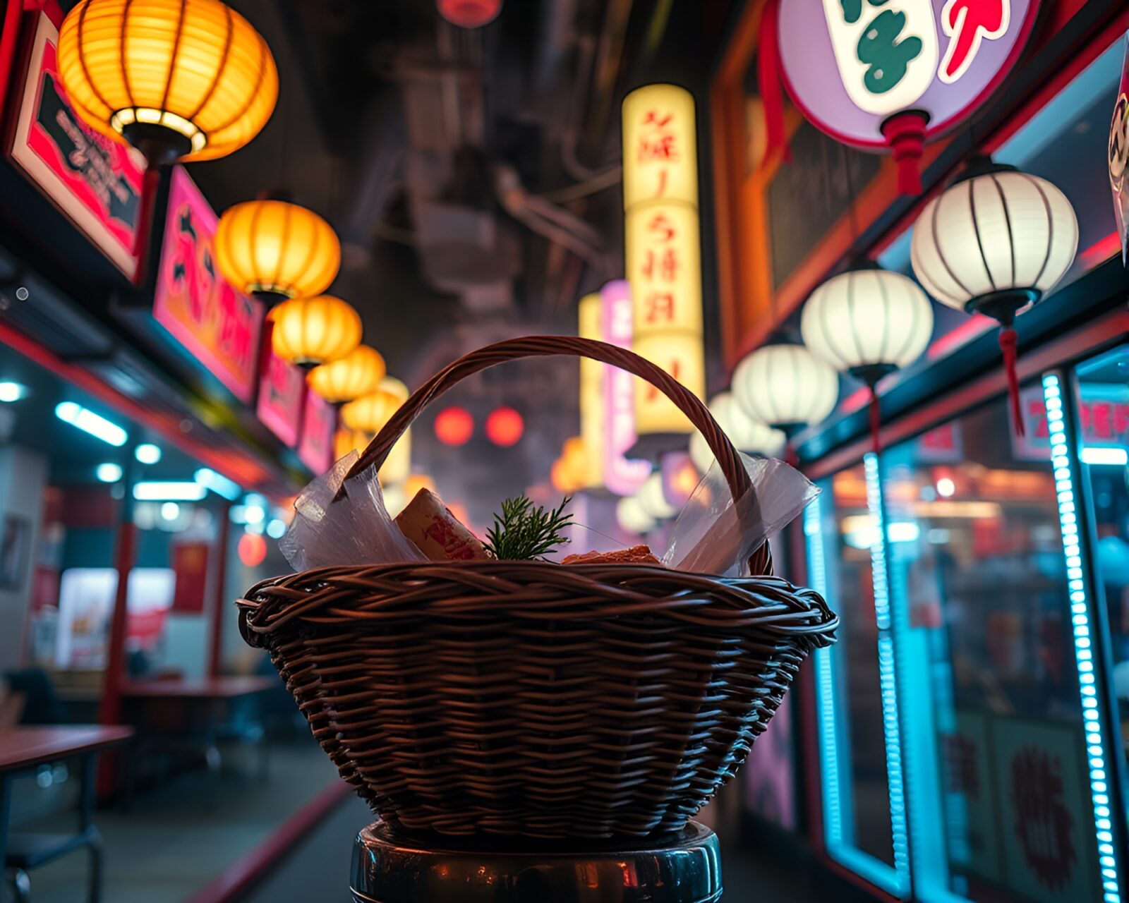 Dutch angle view of glowing dim sum basket hovercrafts