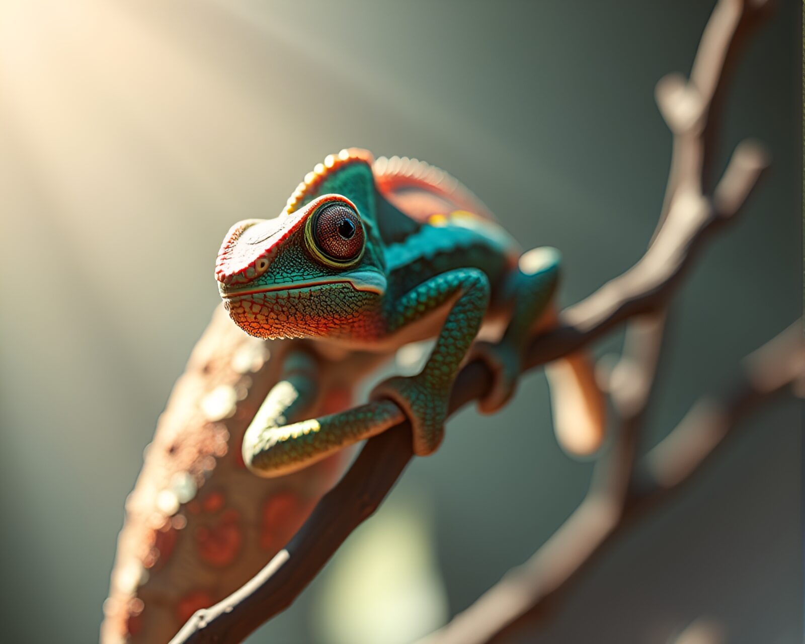 Fantastical chameleon in bright CGI render with intricate shading