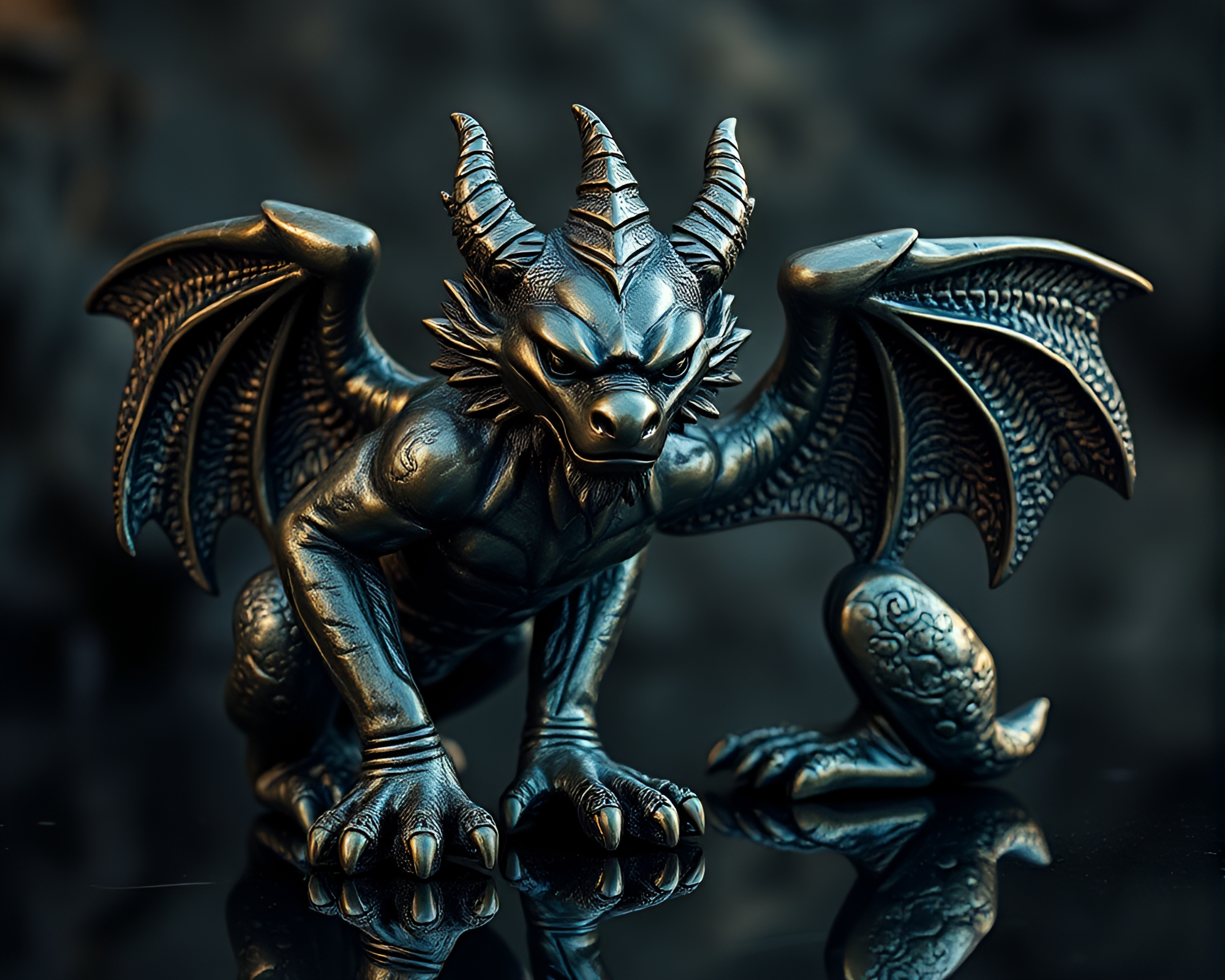 Enigmatic Gargoyle Statue Double Reflection – free AI stock image