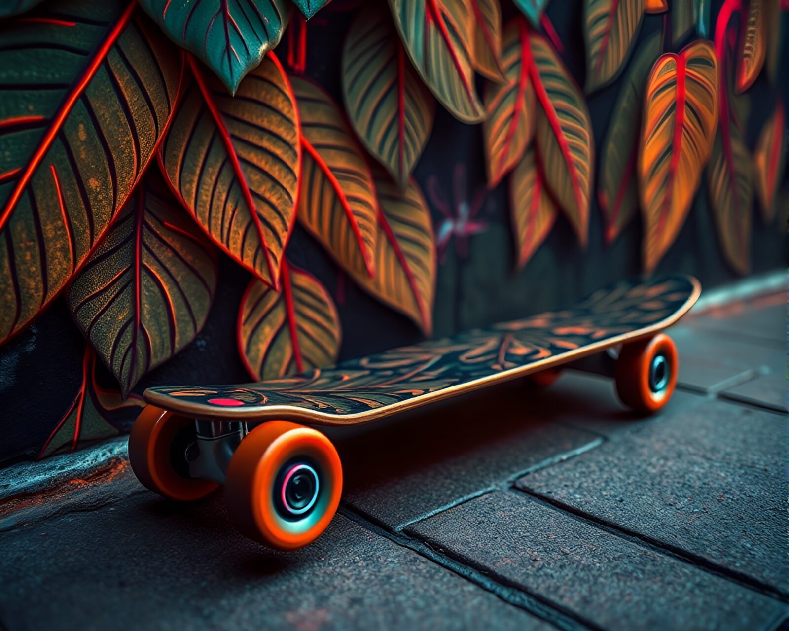 A vibrant skateboarder in a divisionism style surrounded by neon graffiti on leaf vein background