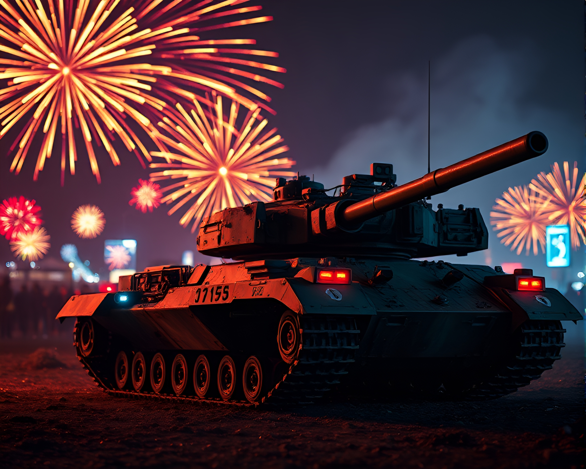 Armored Tank at Fireworks Festival in AI Style – free AI stock image