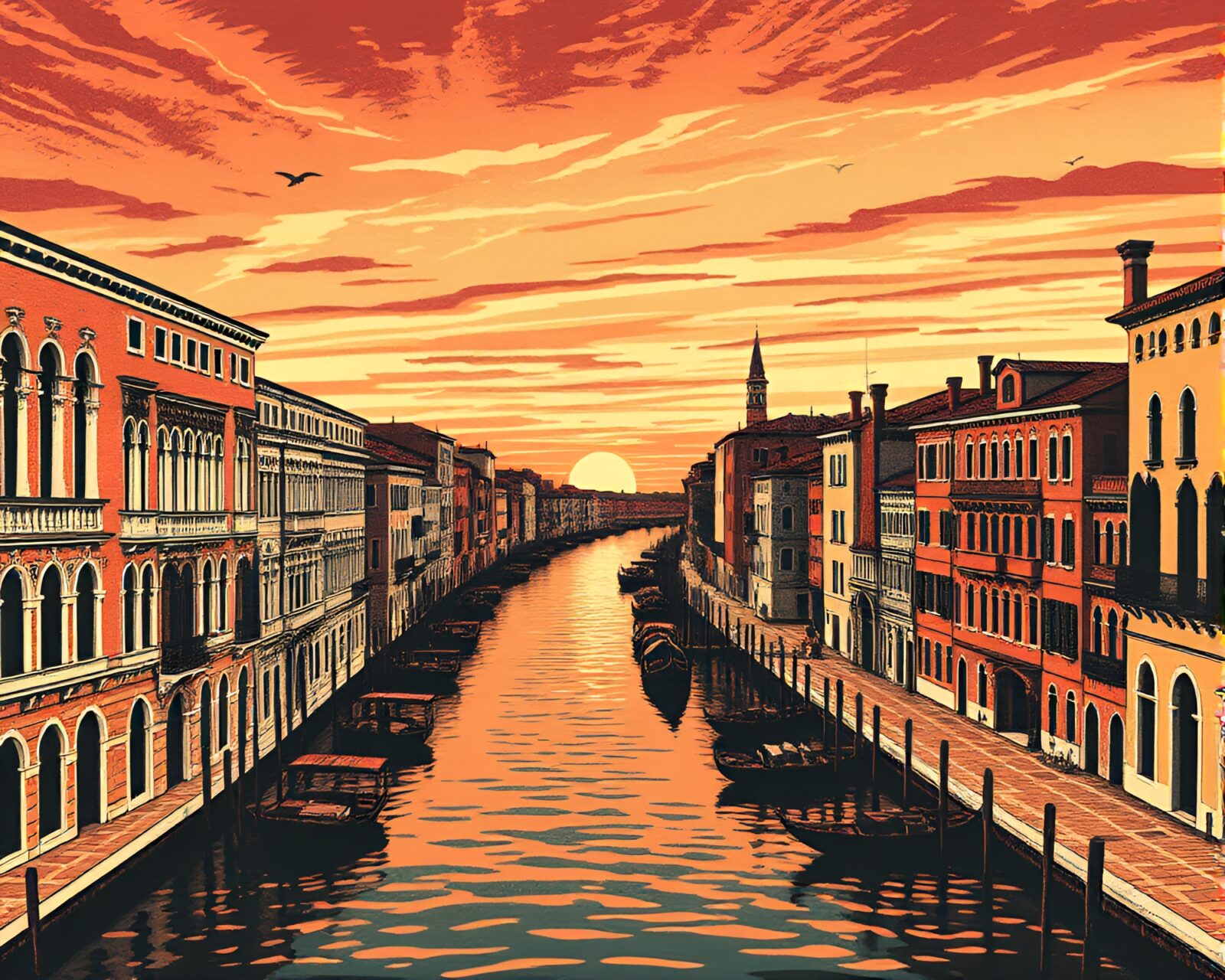 Ethereal desert sunset over intricate Venetian canal woodcut
