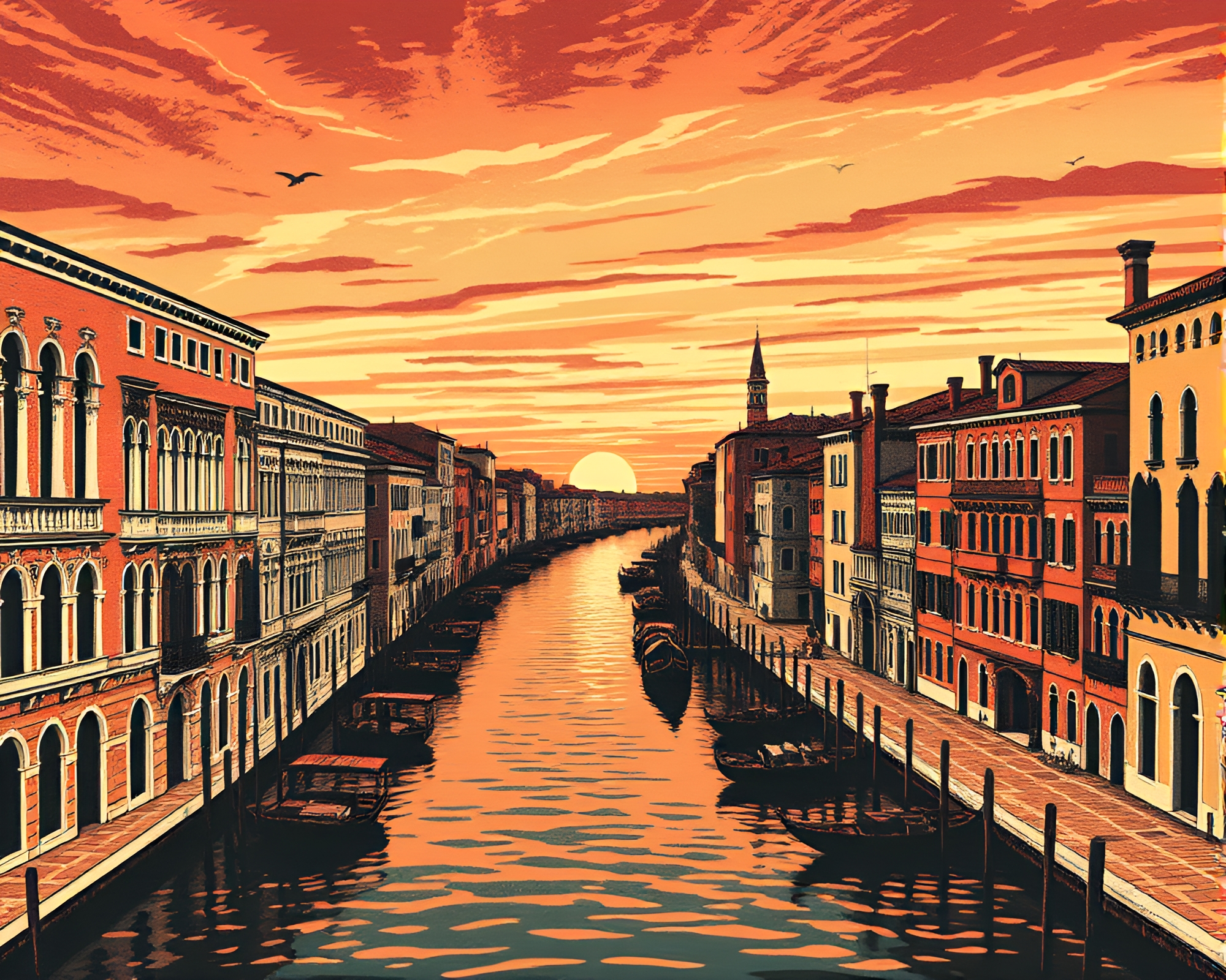 Venetian Canal Sunset Woodcut Print Composition – free AI stock image