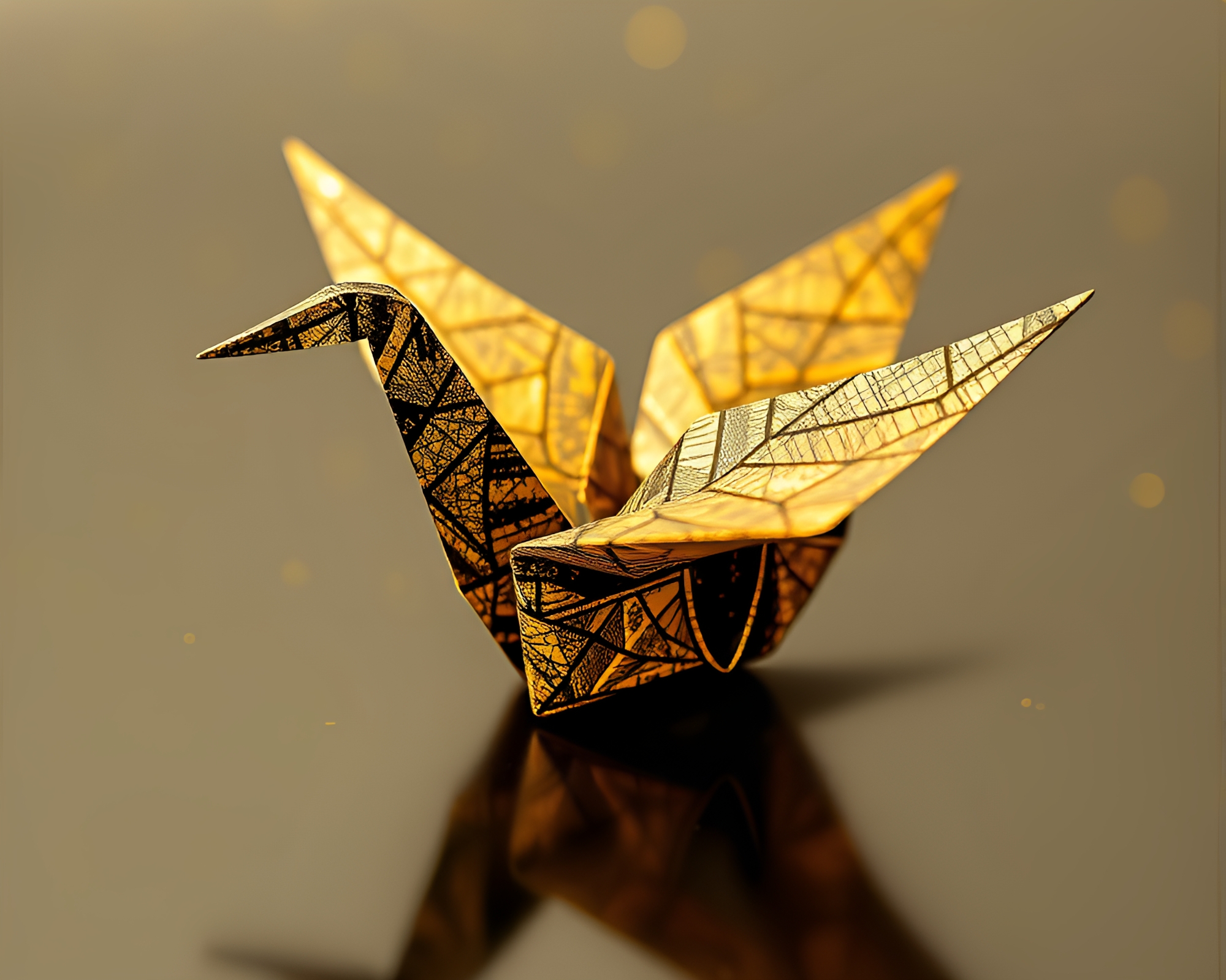 Origami Crane Crosshatched in Savannah Gold Hologram – free AI stock image