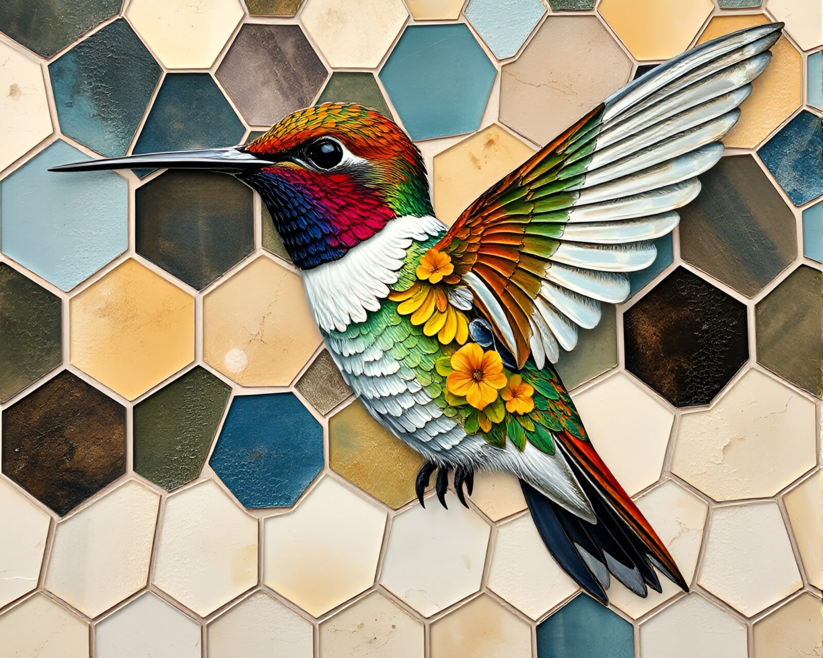 Colorful hummingbird amidst intricate geometric patterns with oil textures