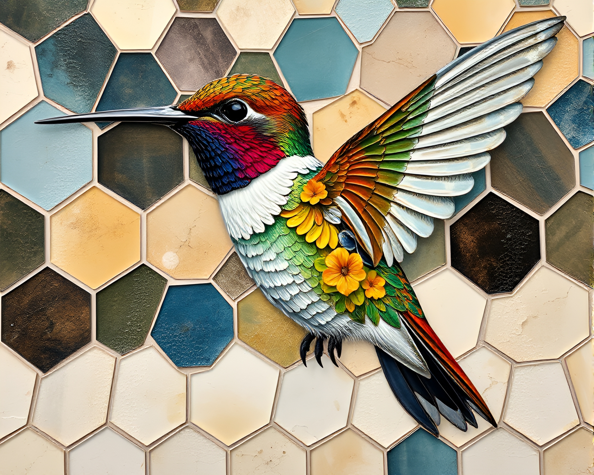Majestic Hummingbird in Hexagonal Oil-rich Tiling – free AI stock image