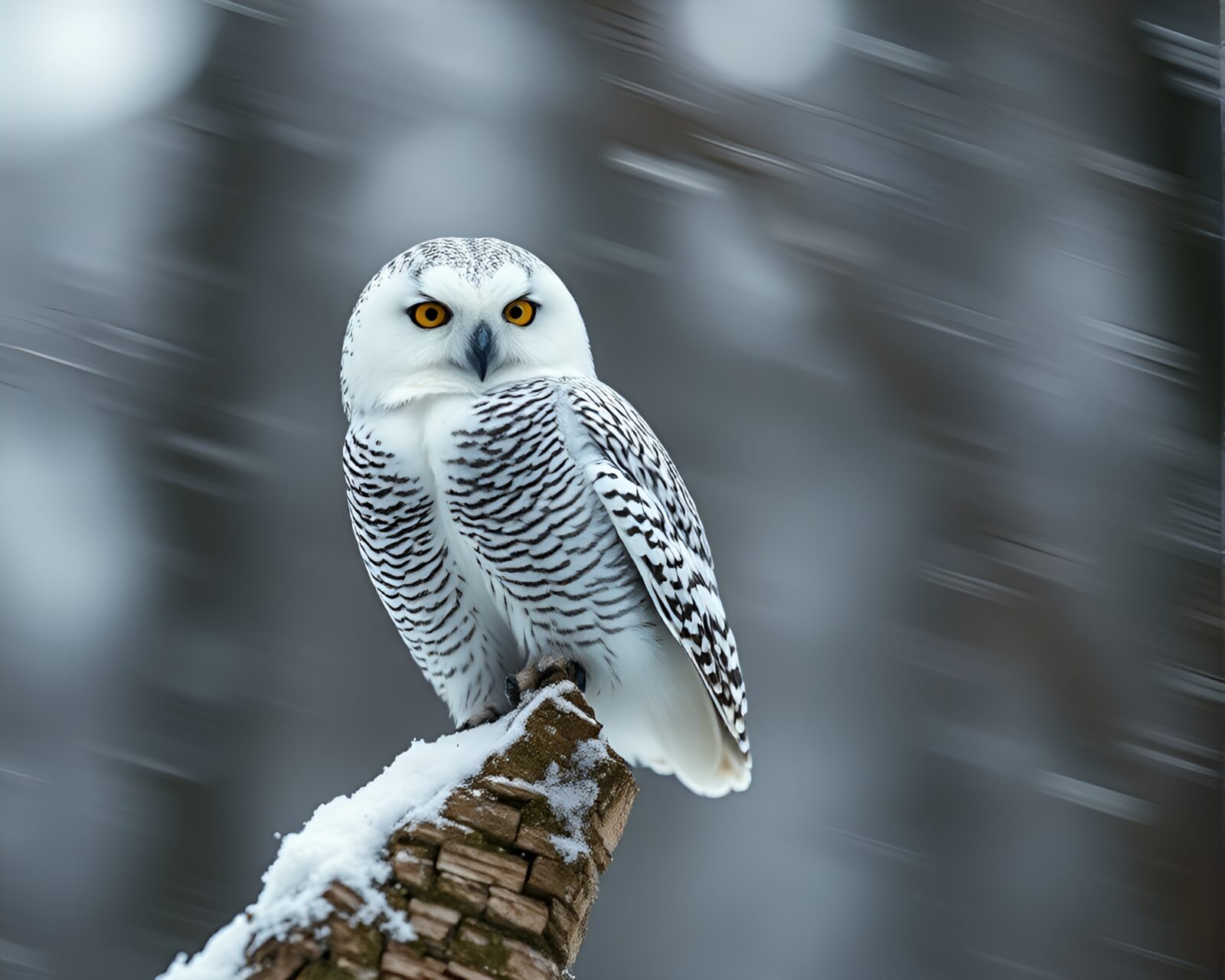 A graceful snowy owl flying with elegant pan motion blur