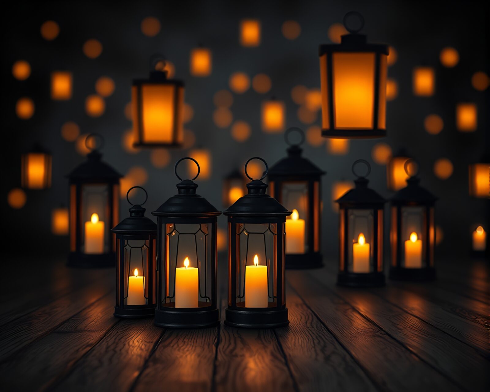 Glowing lanterns float in a dark candlelit composition
