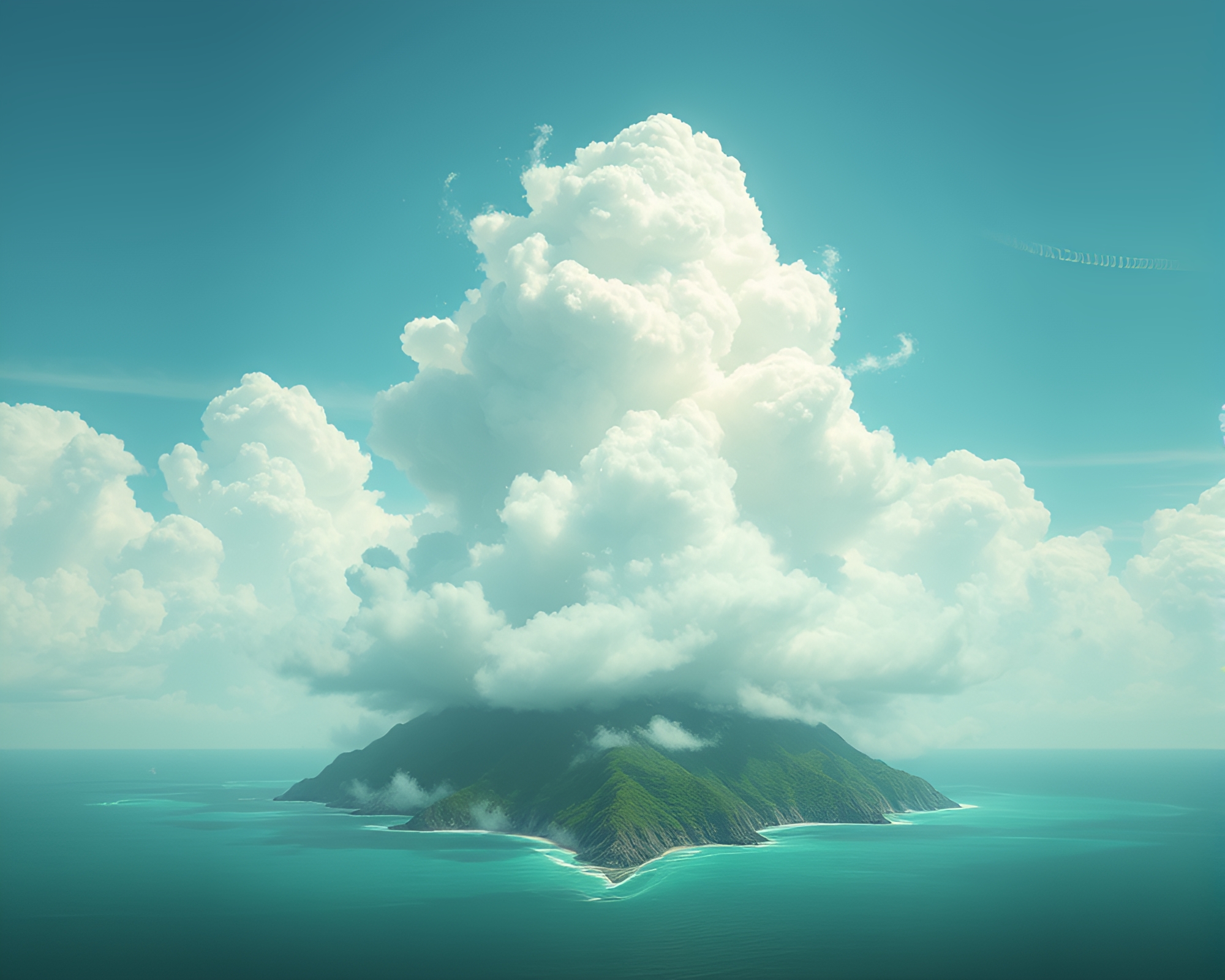 Mint Green Island: Explosive Cel Shading Cloudscape – free AI stock image