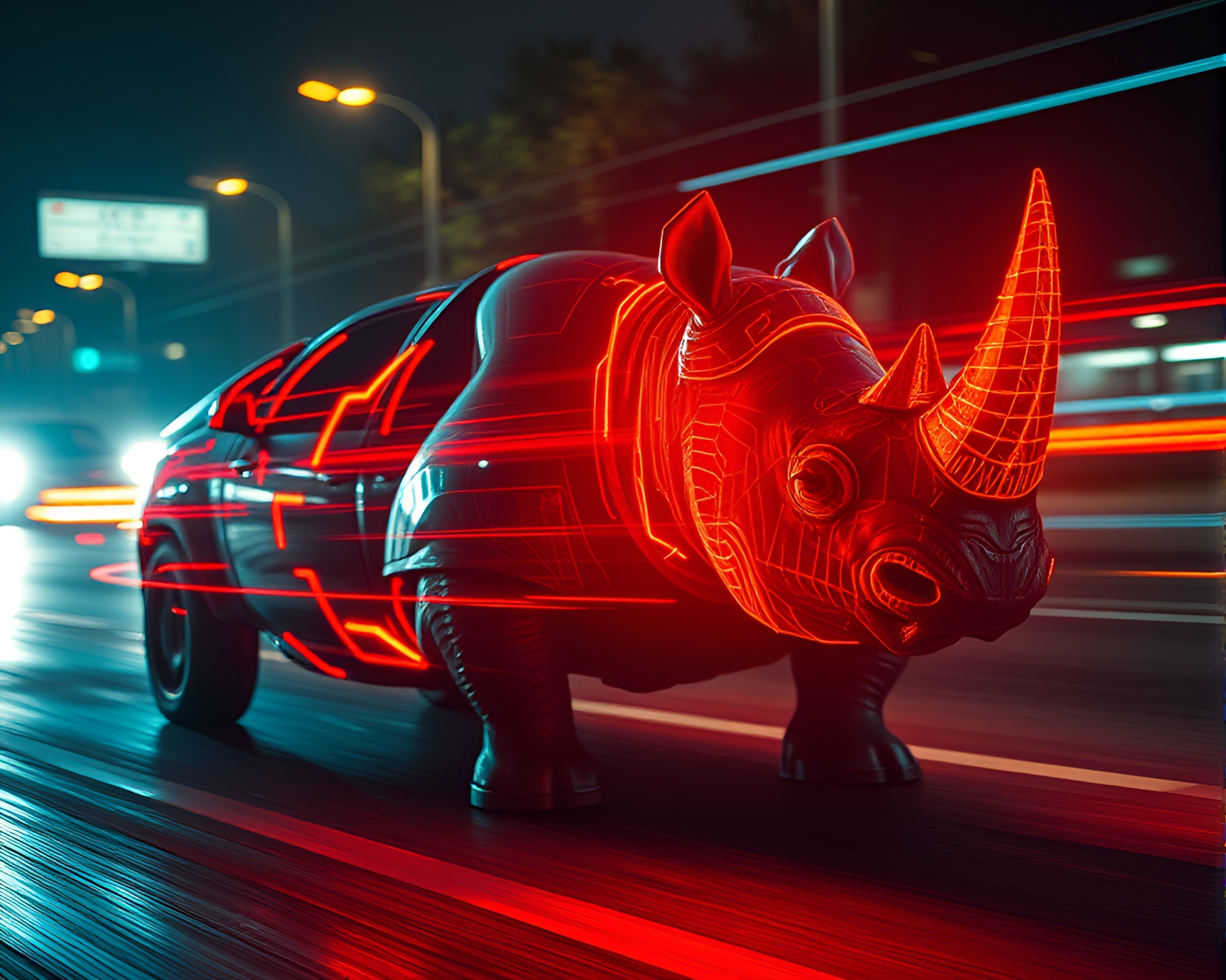 Nighttime Cyber-Rhinoceros with Light Trails – free AI stock image