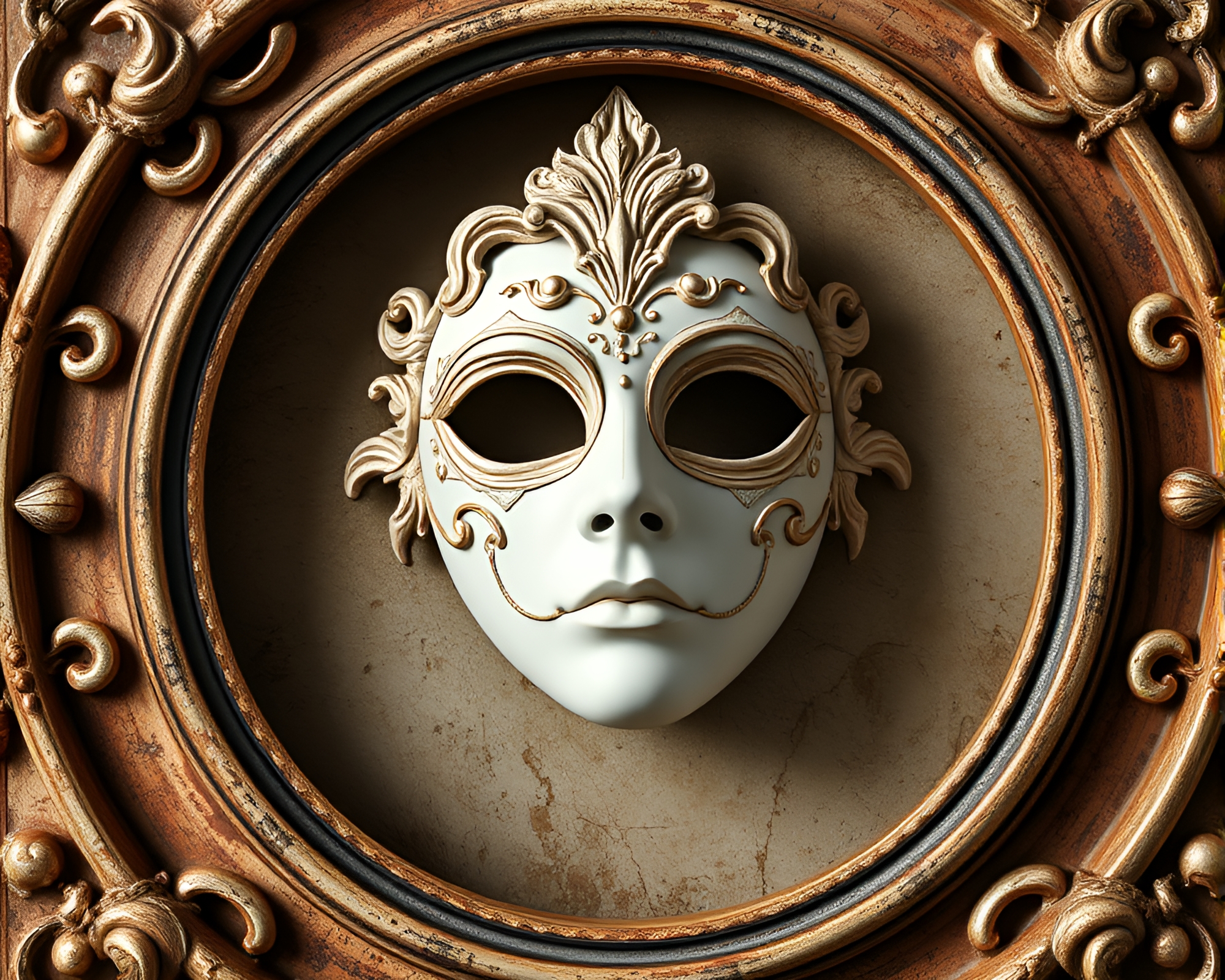 Venetian Mask in Circular Ivory Frame Matte Painting – free AI stock image