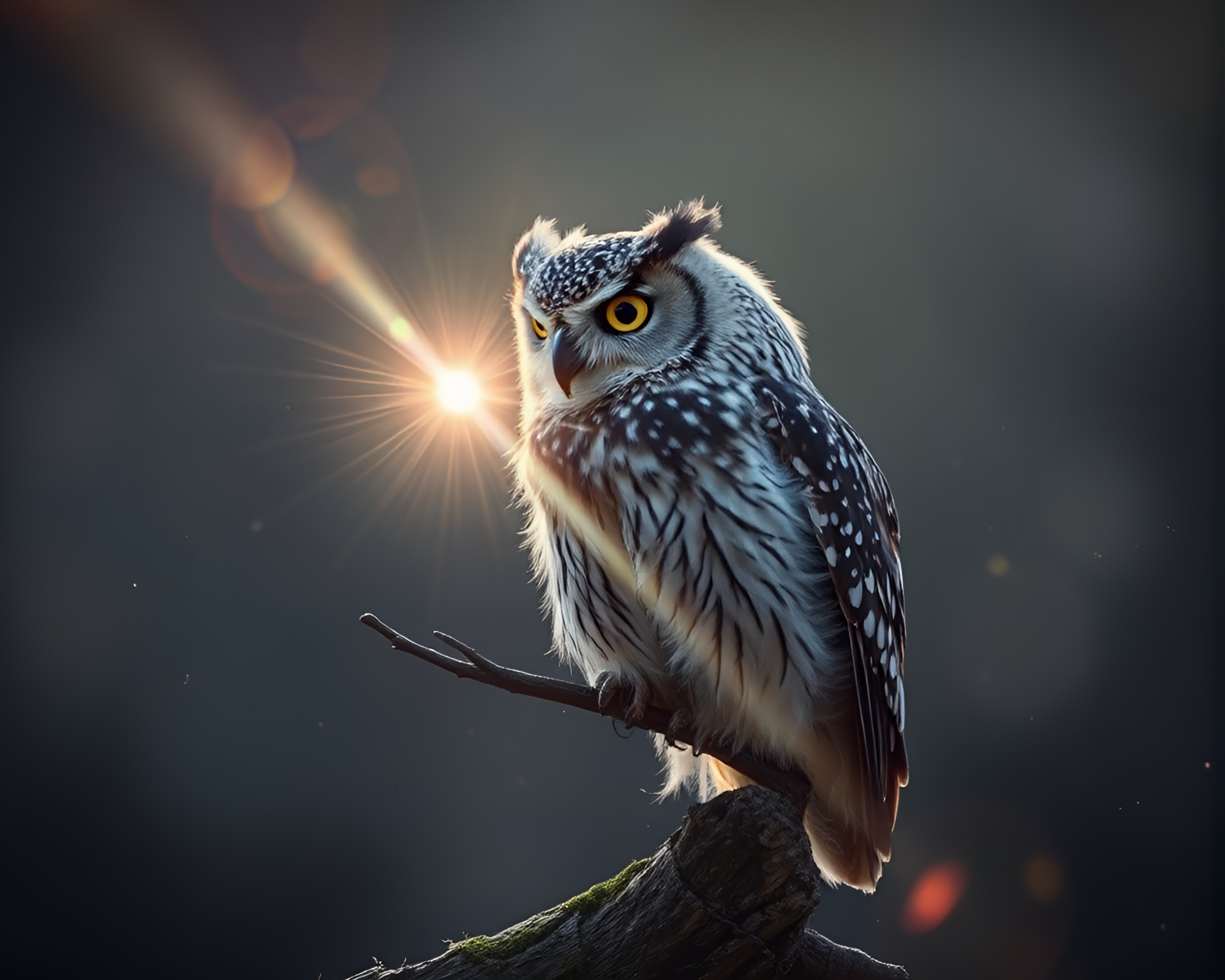Owl Feather Dusting in Intense Lens Flare Burst – free AI stock image