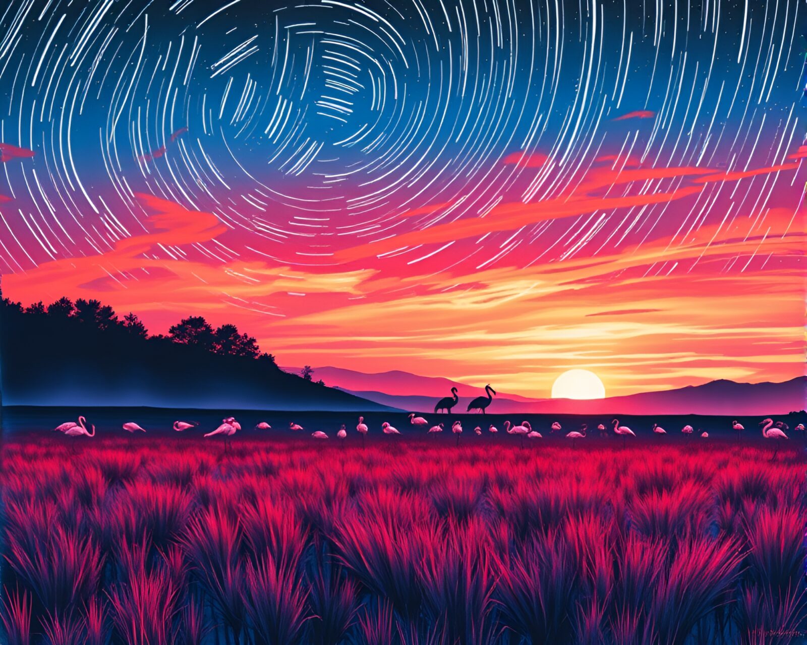 Majestic flamingo against colorful sky with star trails