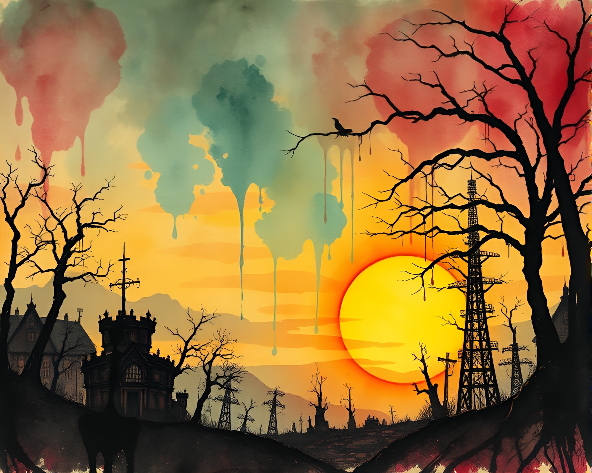 Lovecraftian Steampunk Drips at Sunset – free AI stock image