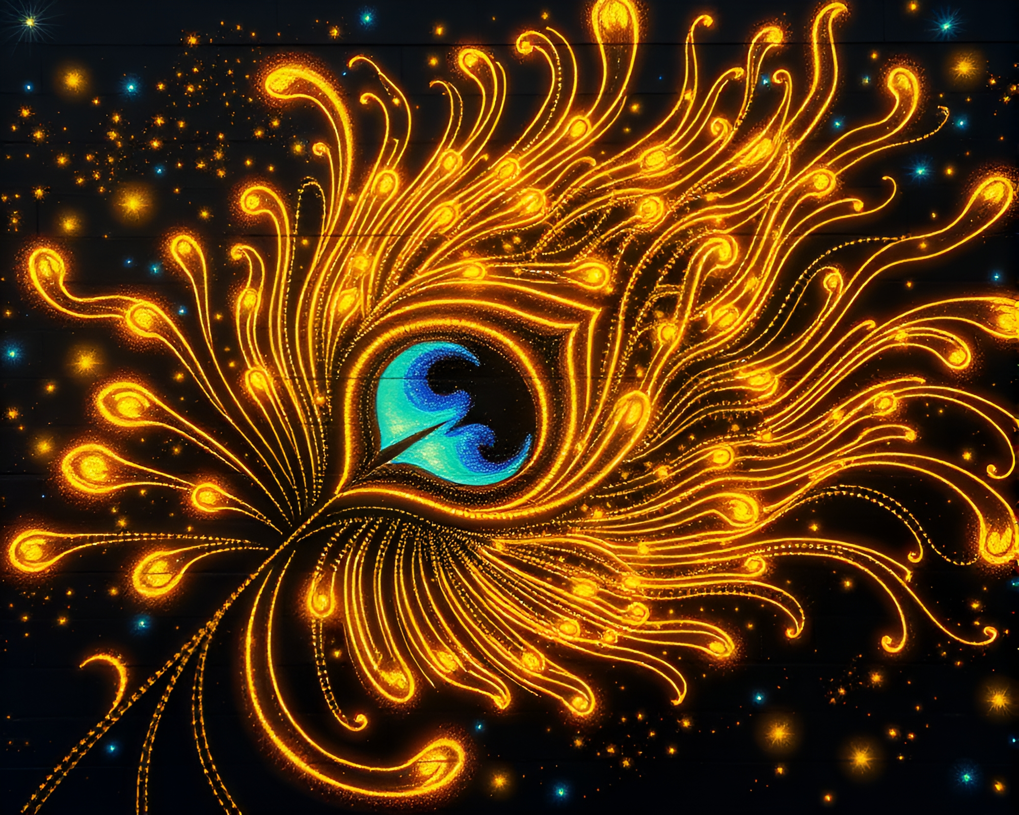 Bioluminescent Peacock Feather Golden Spiral Mural Painting – free AI stock image