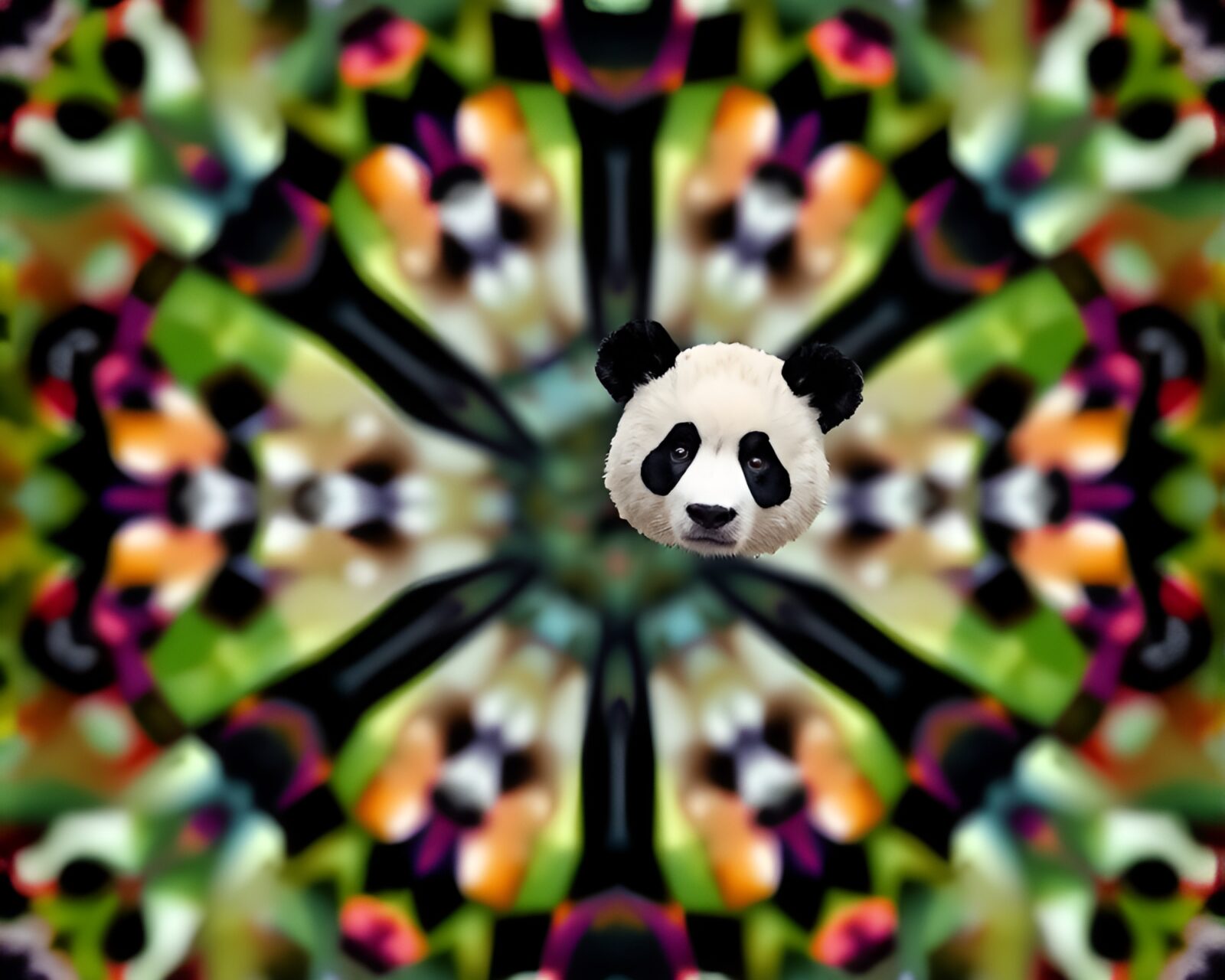 Softly focused low-poly 3D panda surrounded by kaleidoscope patterns