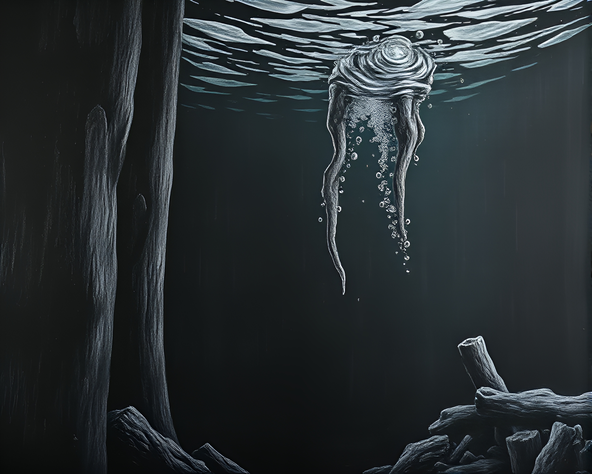 Dramatic Underwater Submarine Wood Grain Chalkboard Drawing – free AI stock image