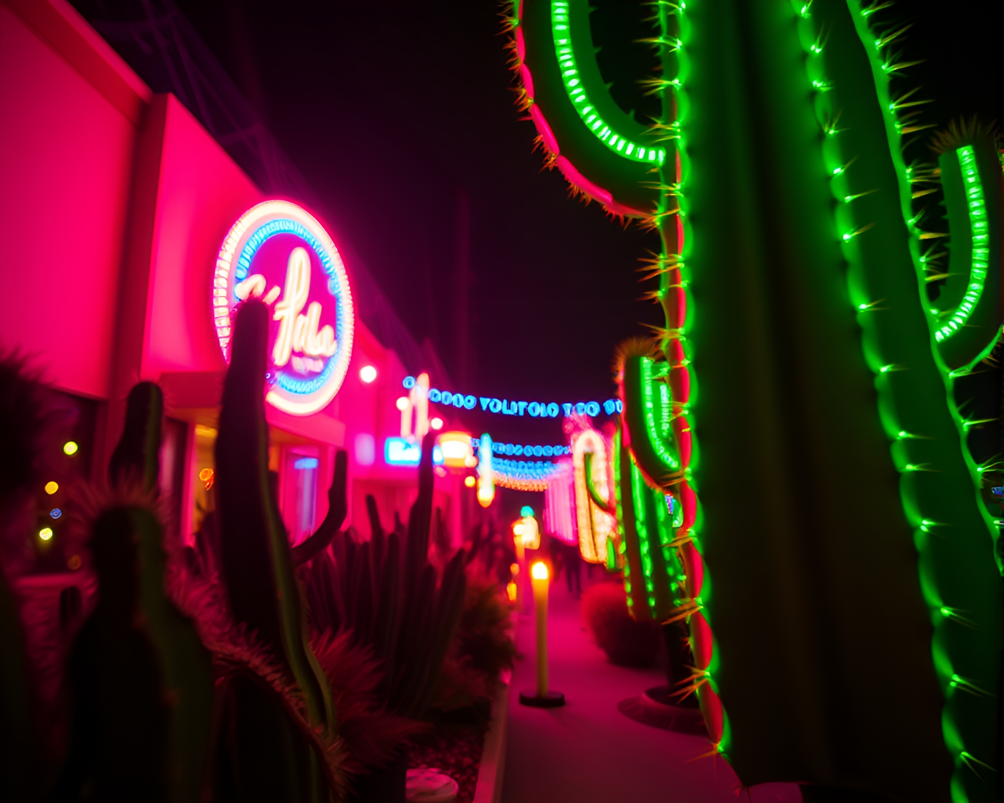 Neon Cactus Illuminated in Swirling Candlelit Lens Distortion – free AI stock image