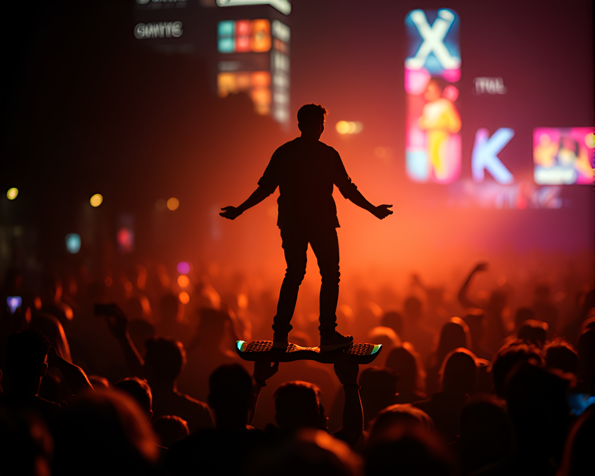 Silhouette Crowd Hoverboard Iridescent Macro – free AI stock image