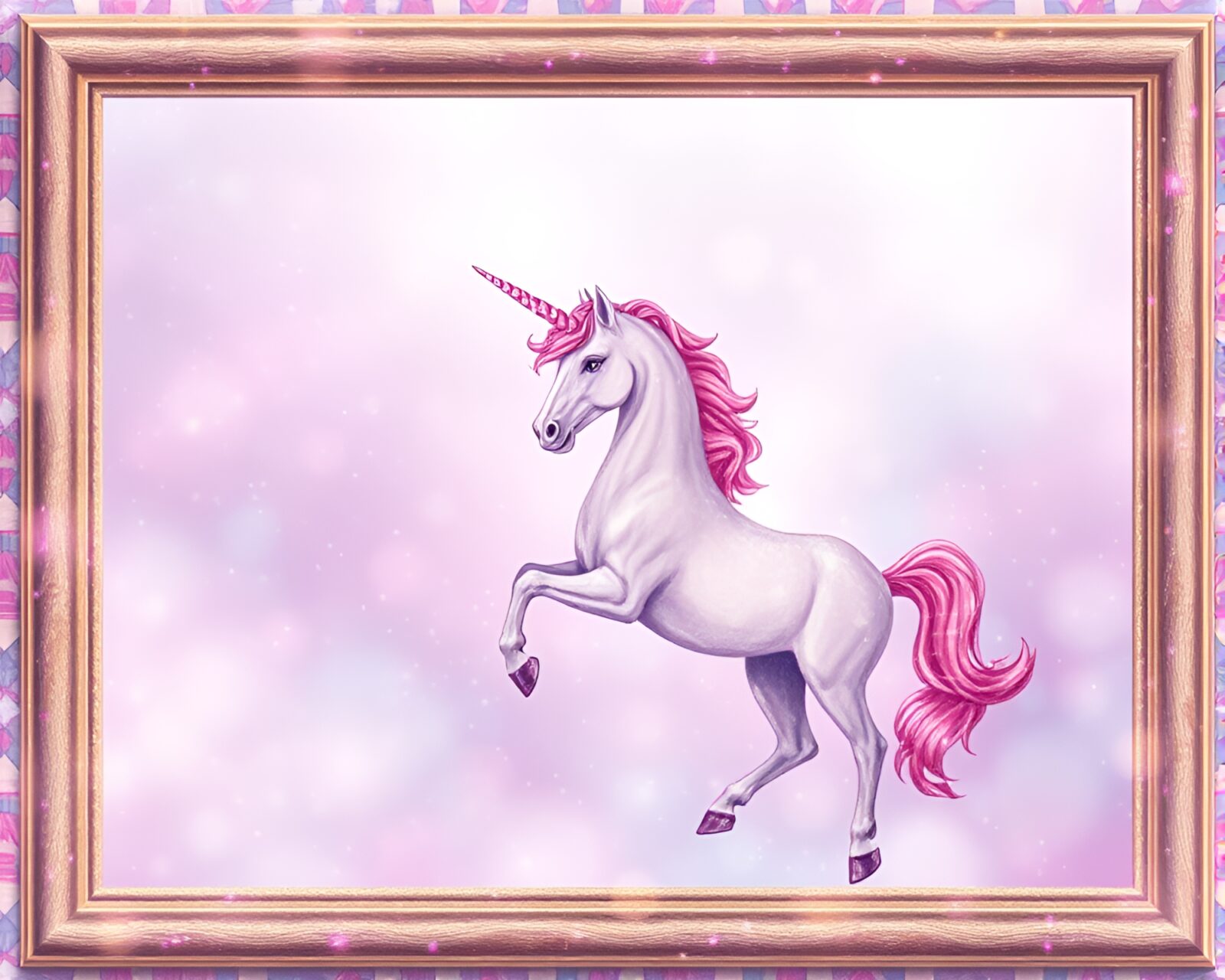 Dreamy mosaic pattern unicorn surrounded by a hazy frame