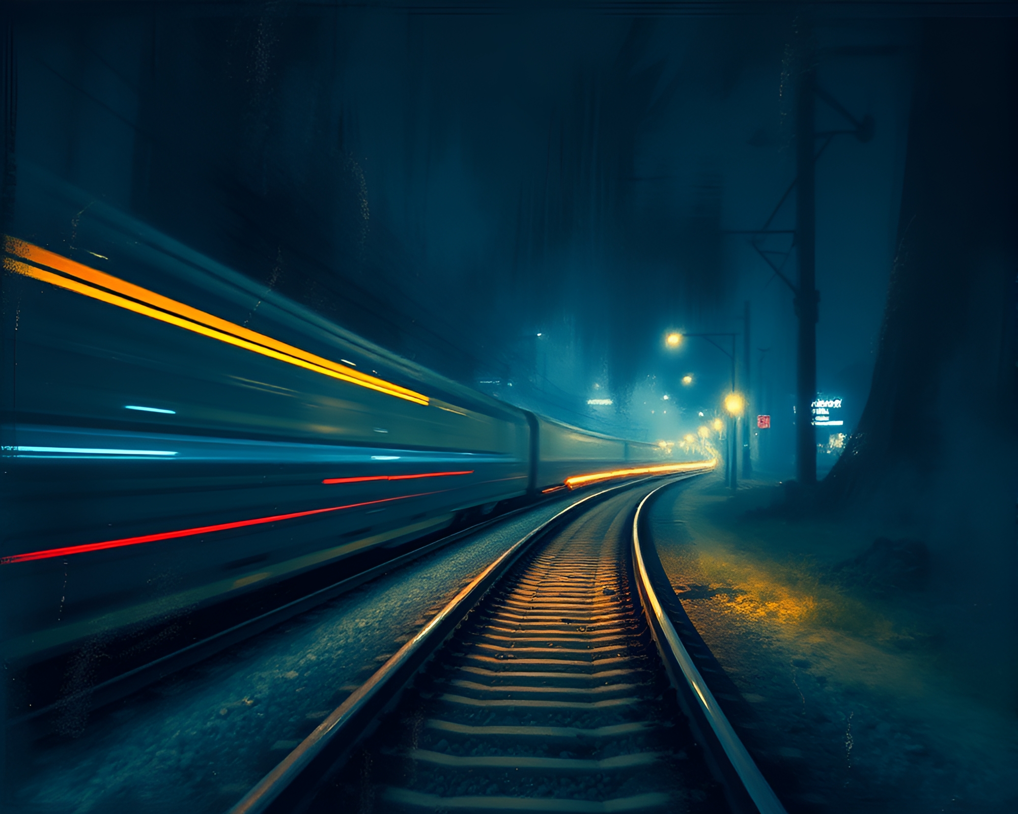 Whimsical Baguette Train Light Trails Artwork – free AI stock image