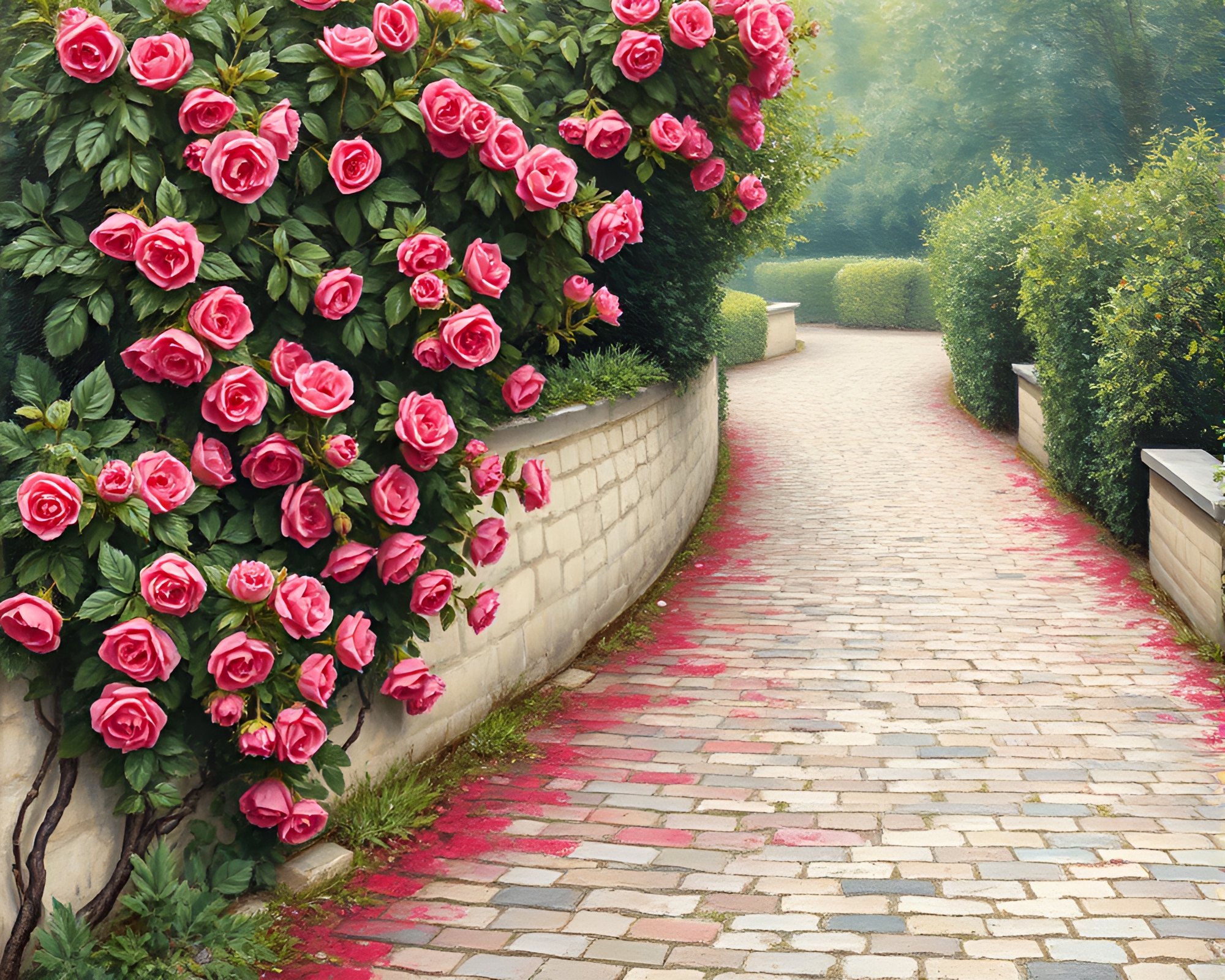 Enchanting Cobblestone Path Through Raspberry Bushes – free AI stock image