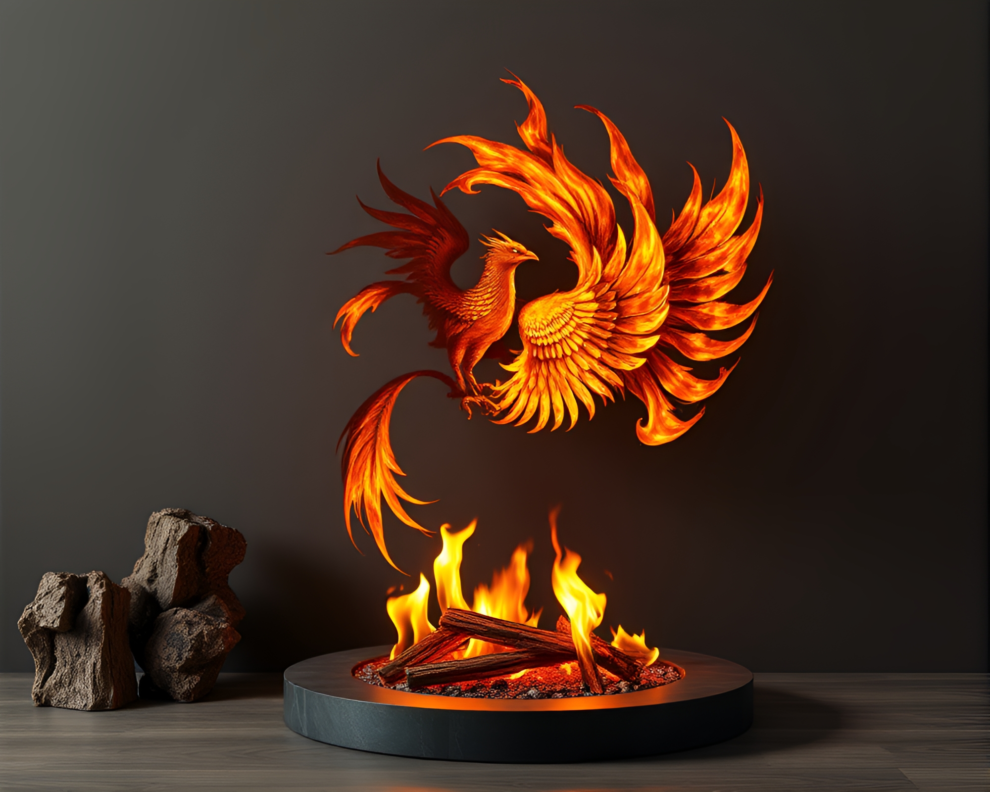Maximalist Phoenix Spiral in Fireplace Light – free AI stock image
