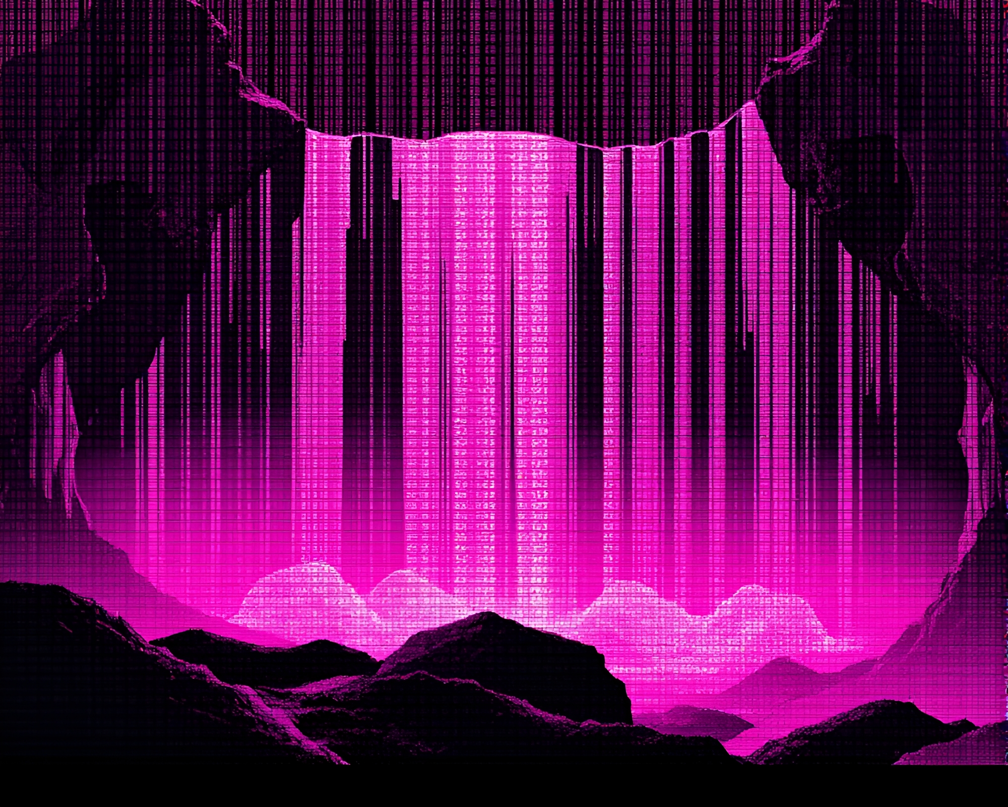 Magenta Waterfall in ASCII Art with Grain Overlay – free AI stock image