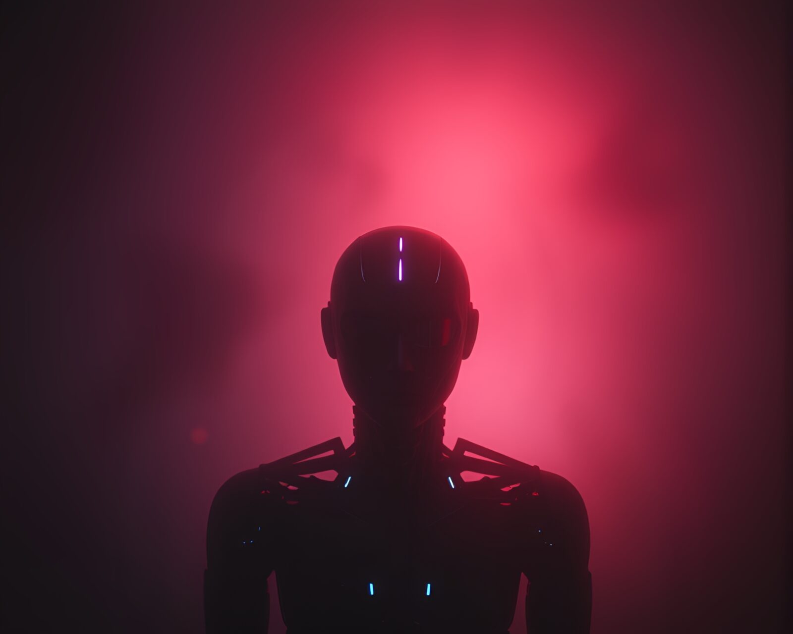 A futuristic cyborg surrounded by neon rainbows in a digital twilight haze
