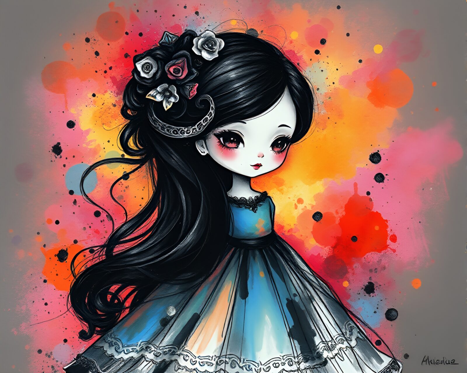 Porcelain doll surrounded by vibrant ink splashes in charcoal sketch style