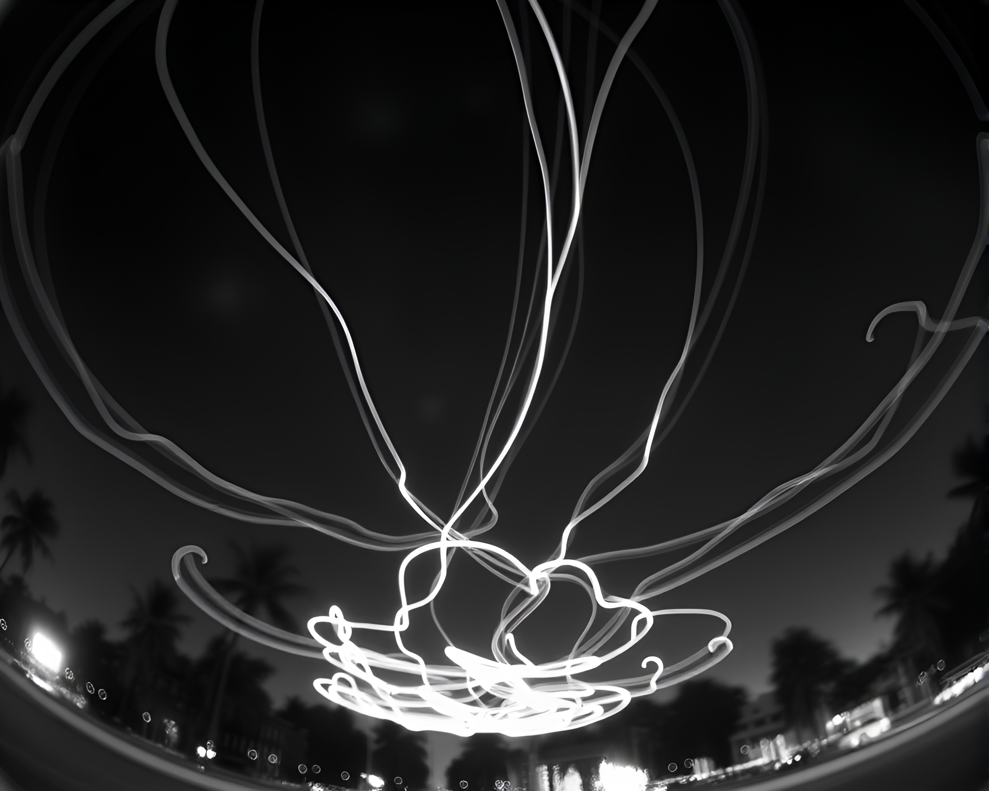 Sky Garden Monochrome Kaleidoscope Light Trails – free AI stock image
