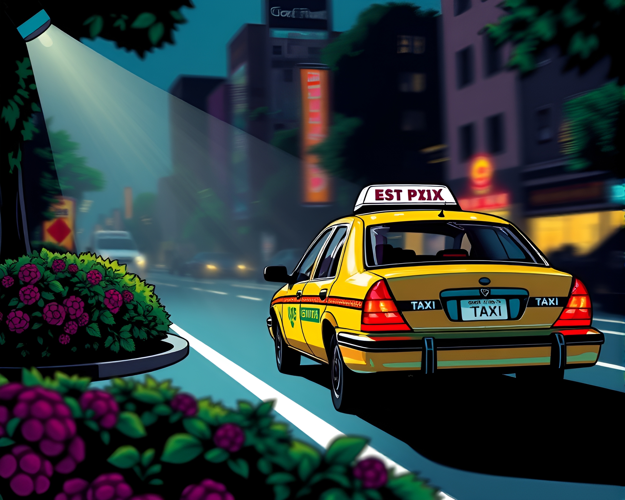 Taxi blur streak through raspberry bush under stage spotlight – free AI stock image
