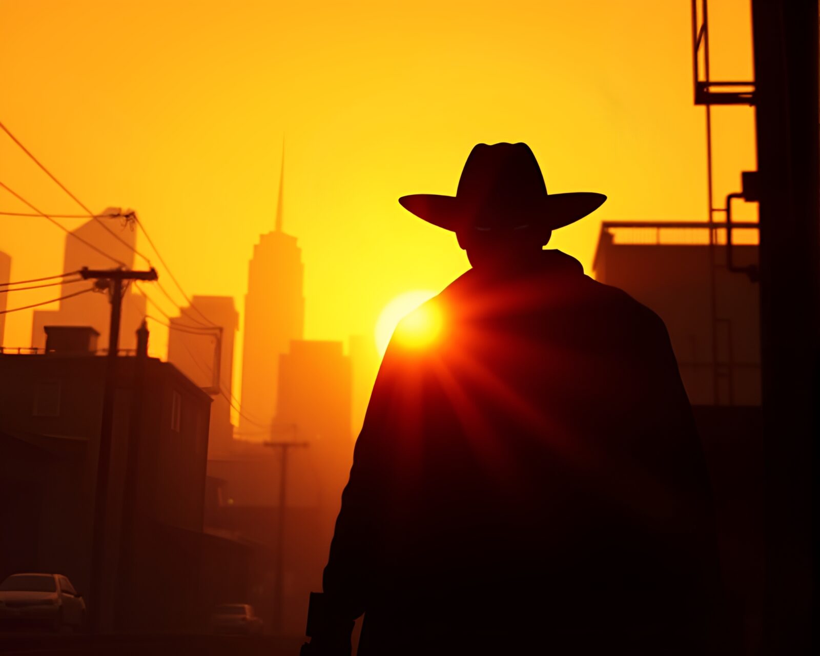 Shadowy figure of cyberpunk vigilante outlined against warm evening light