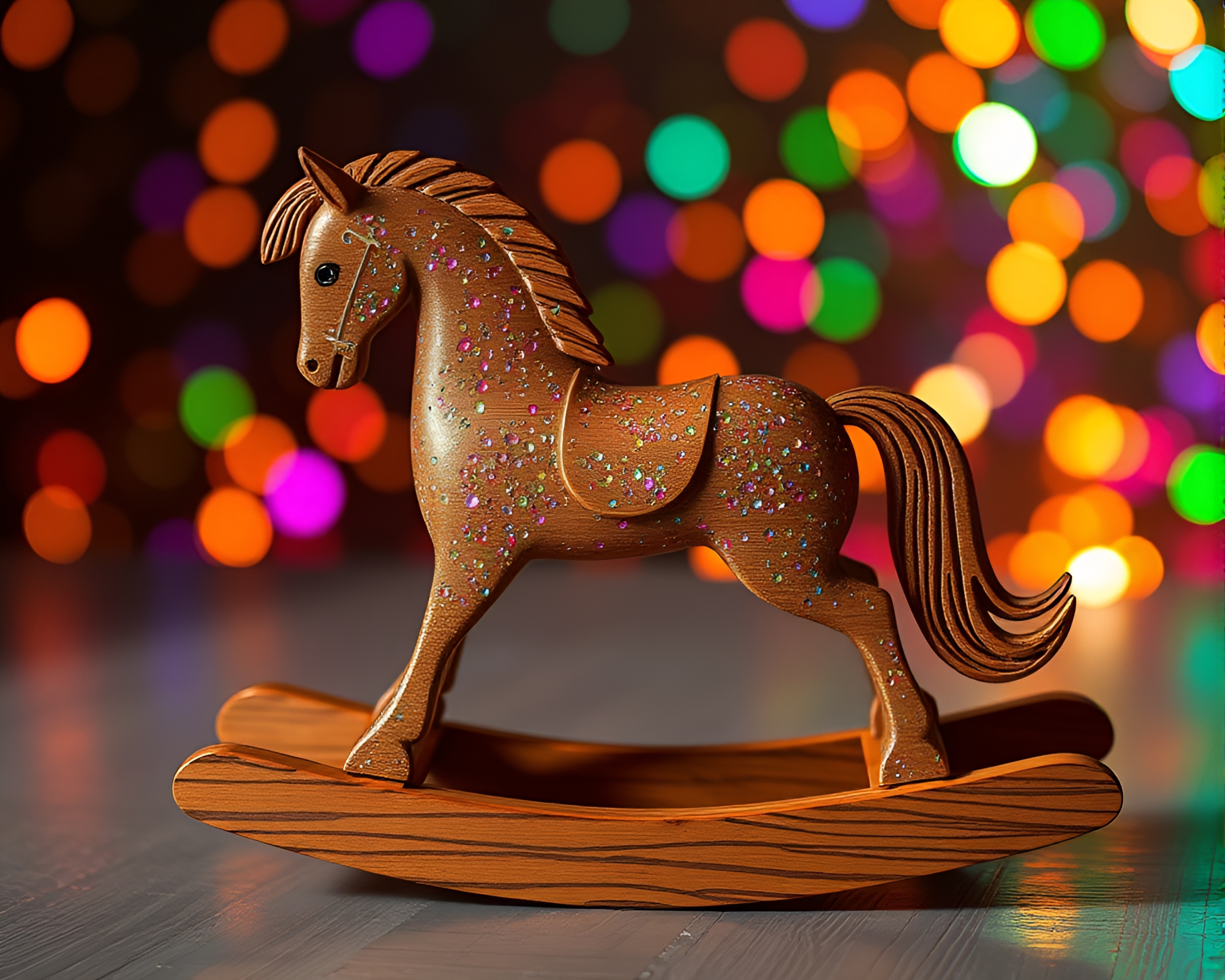 Mesmerizing Wooden Rocking Horse Hologram Display – free AI stock image