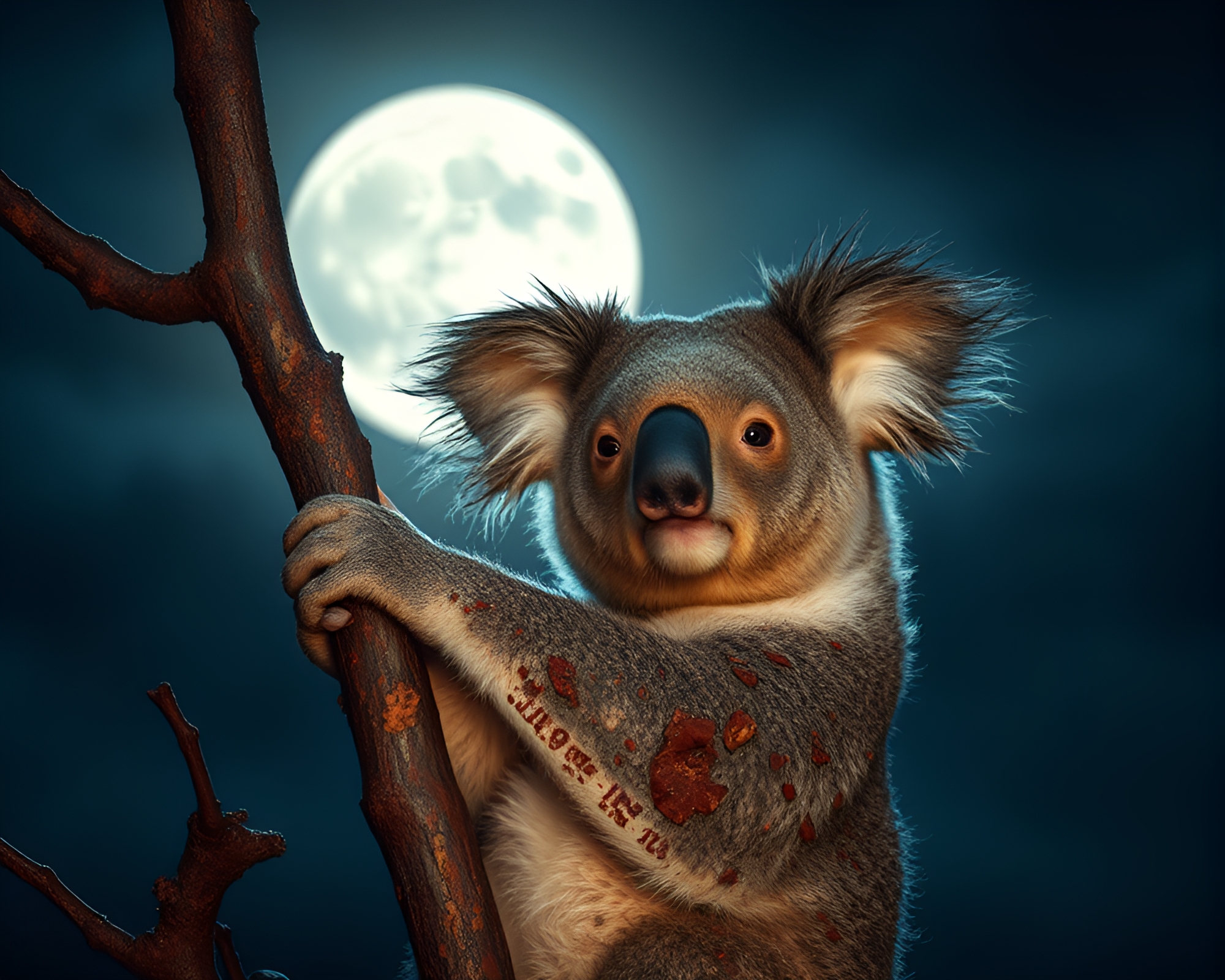 Moonlit koala resting on rust-flaked tree – free AI stock image