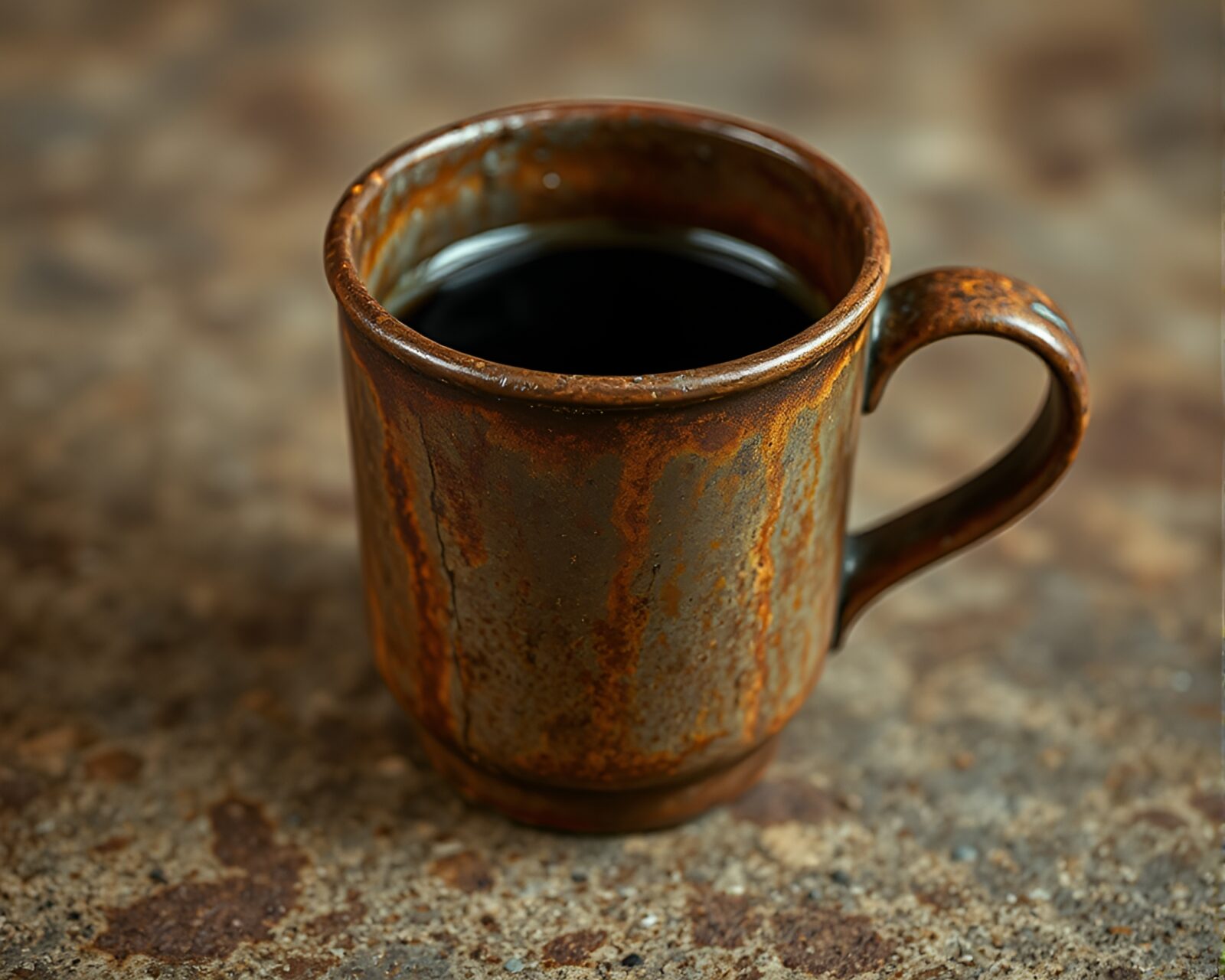 Hyper-saturated coffee cup with textured rust patina design