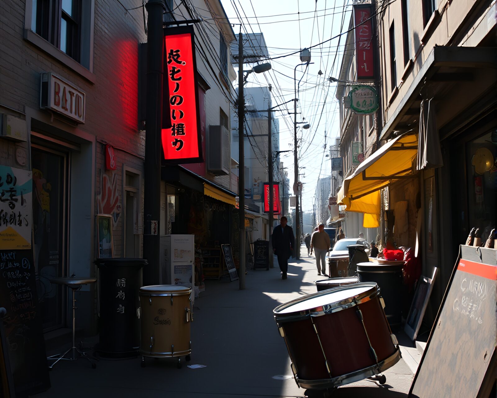 Colorful street art drum painting under noon sunlight