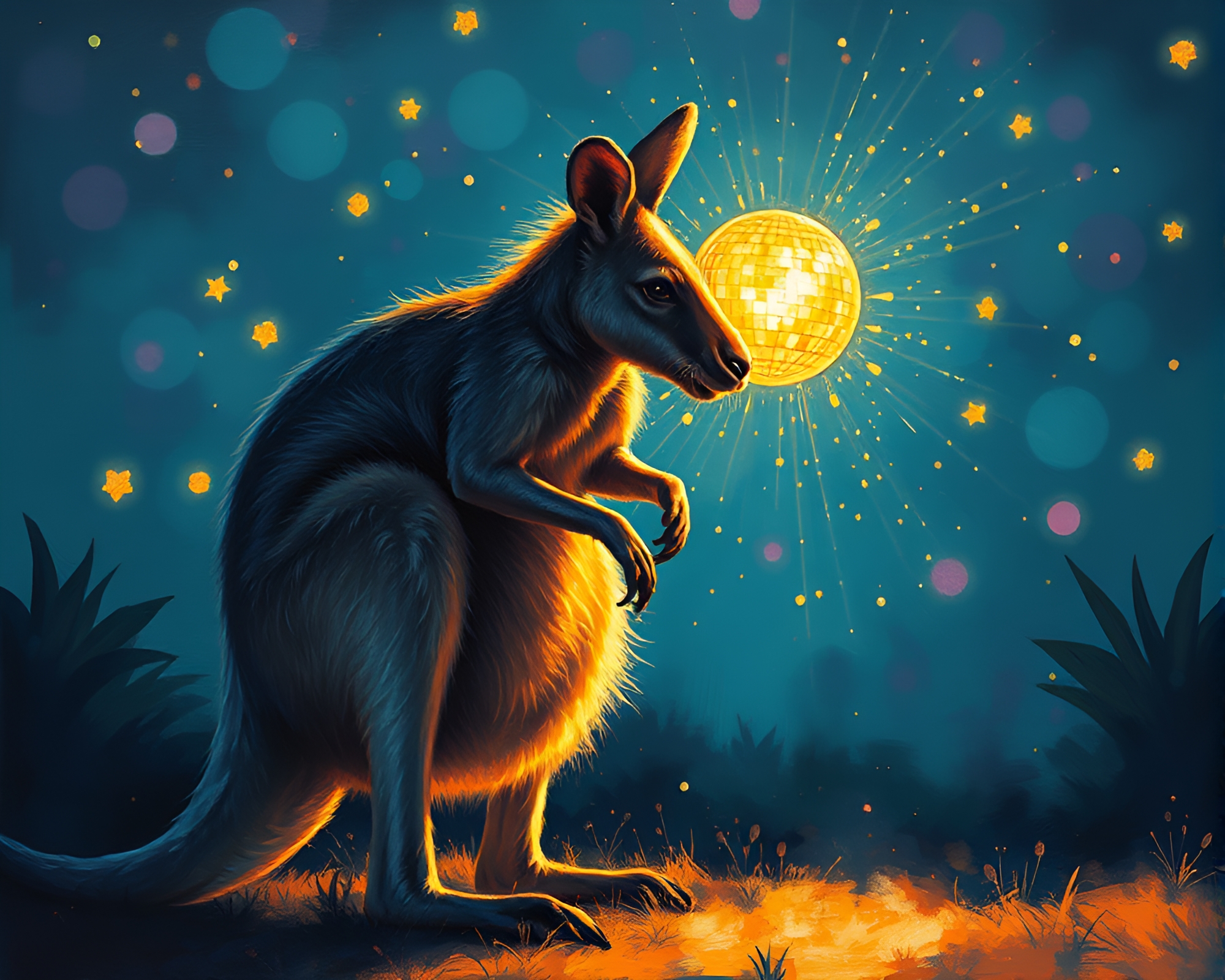 Kangaroo at Disco: Film Burn Tempera Painting – free AI stock image