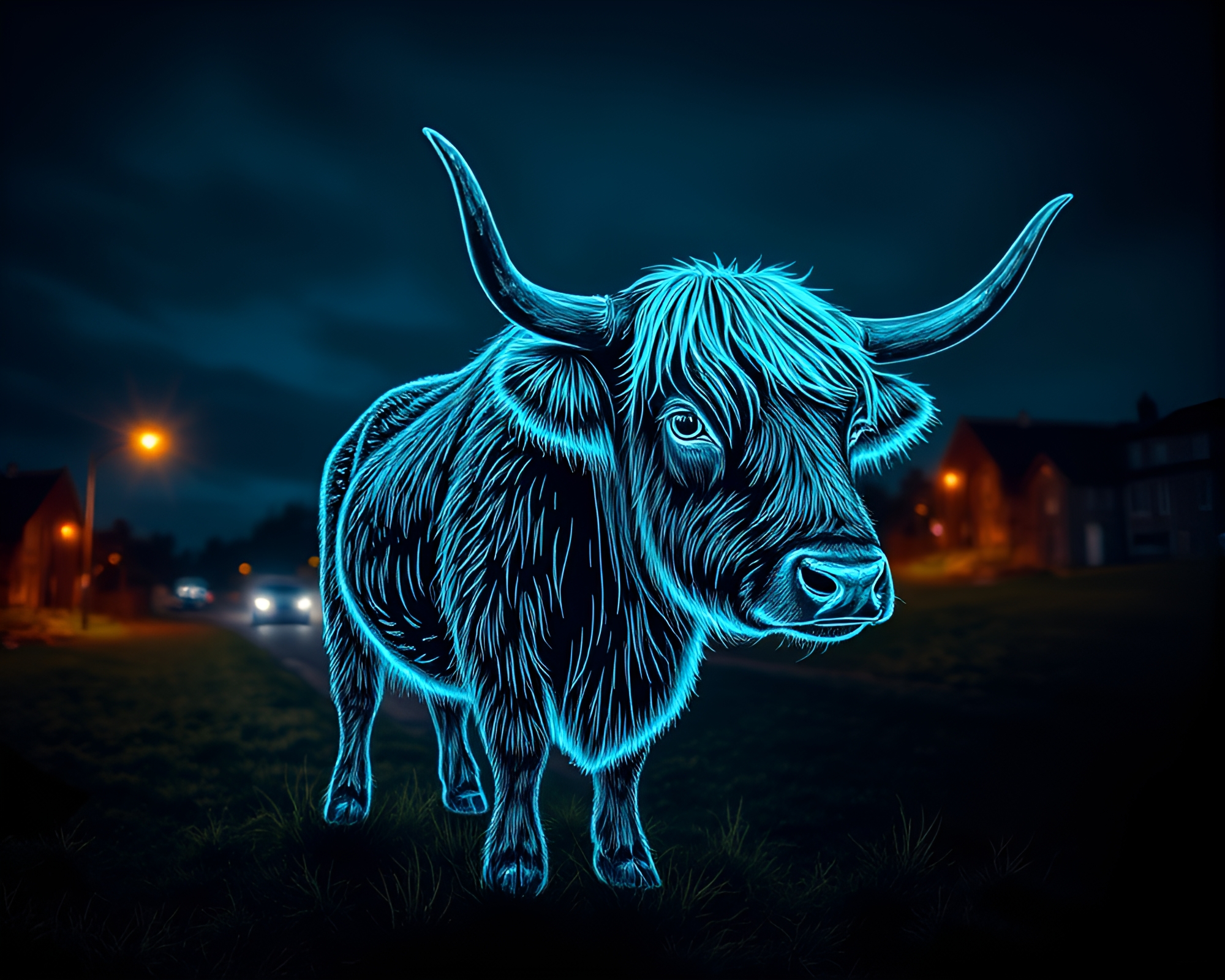 Bioluminescent Highland Cow Engraved in Street Art Tags – free AI stock image