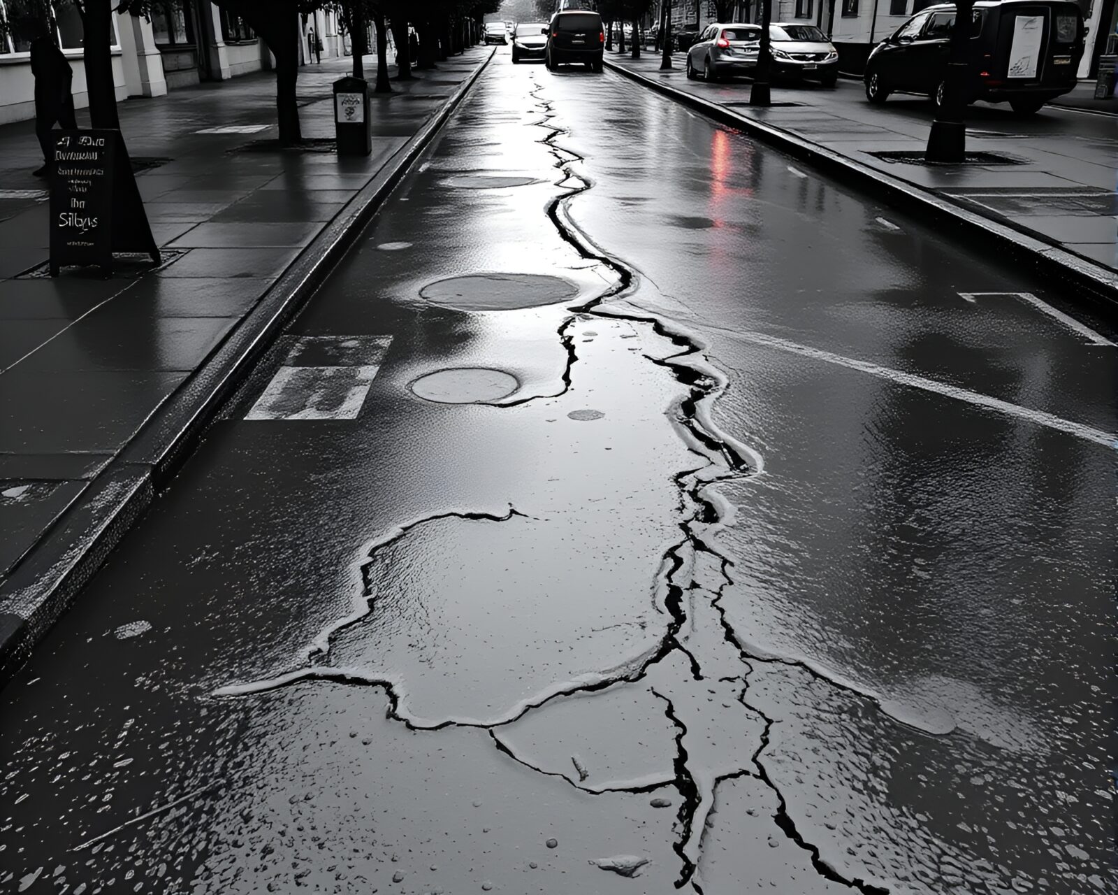 Artistic depiction of wet pavement in charcoal and 8-bit