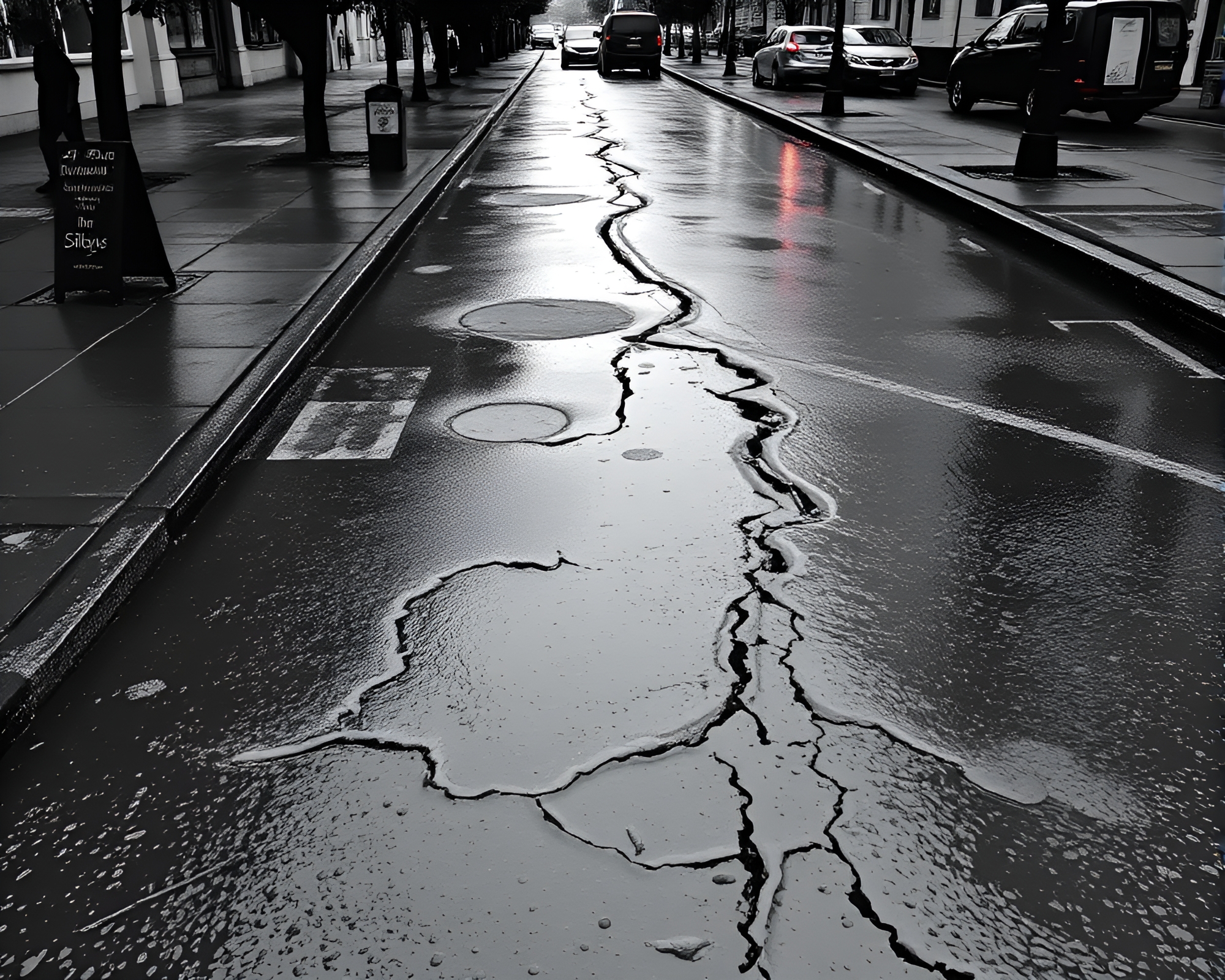 Wet Pavement Charcoal Sketch in 8-Bit Style – free AI stock image