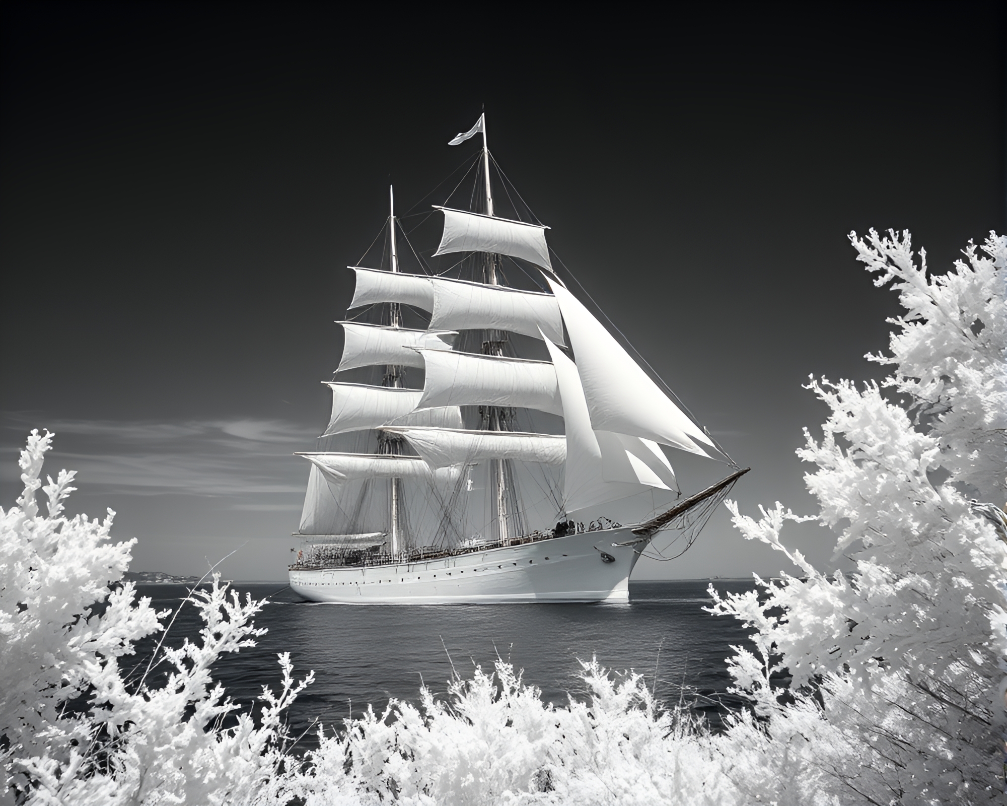 Majestic Classic Sailing Ship in Infrared Spotlight – free AI stock image