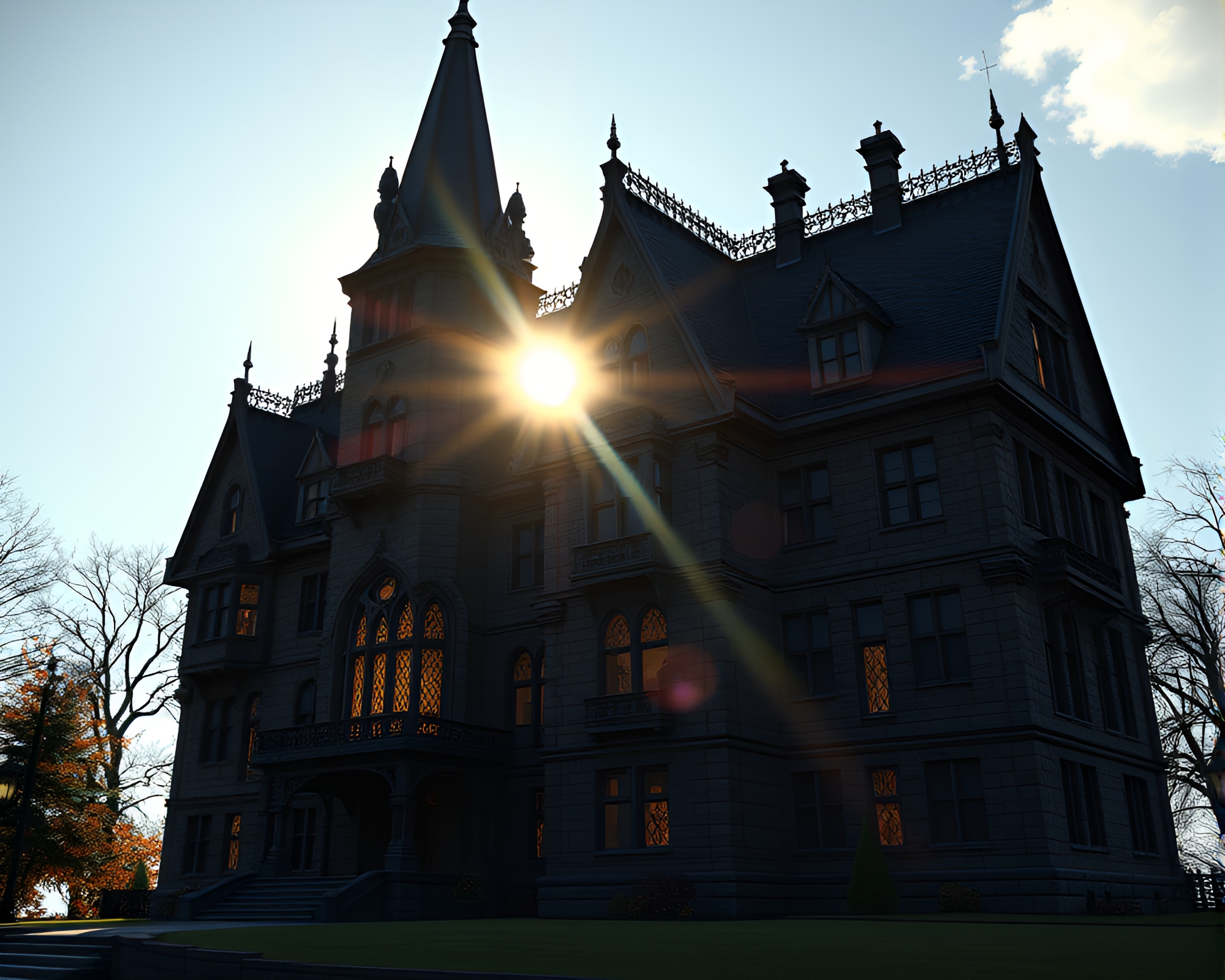 Neo-Gothic Mansion Eclipse Casting Sun Glare Shadows – free AI stock image