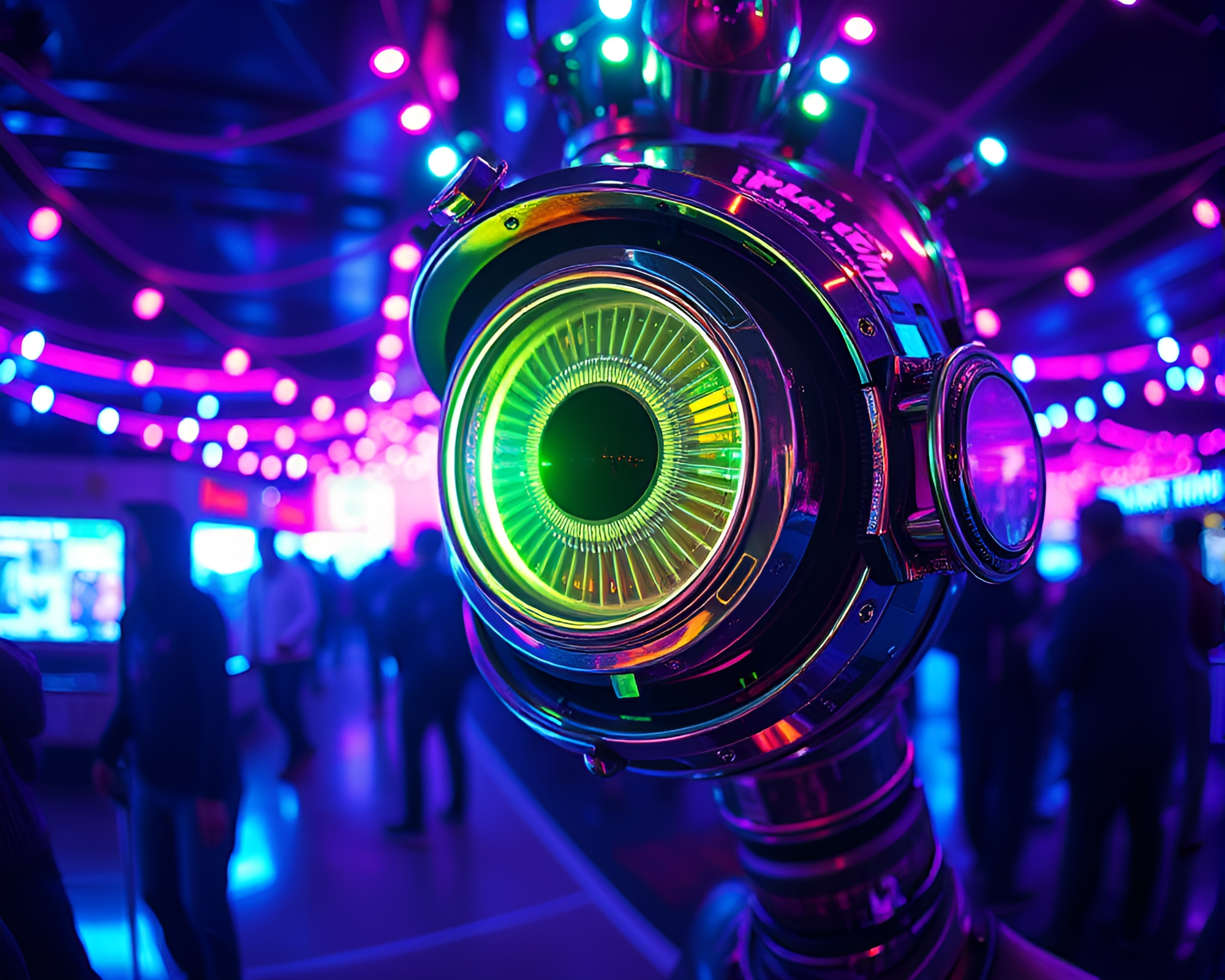 Neon Carnival Lights Reflect in Cybernetic Eye – free AI stock image