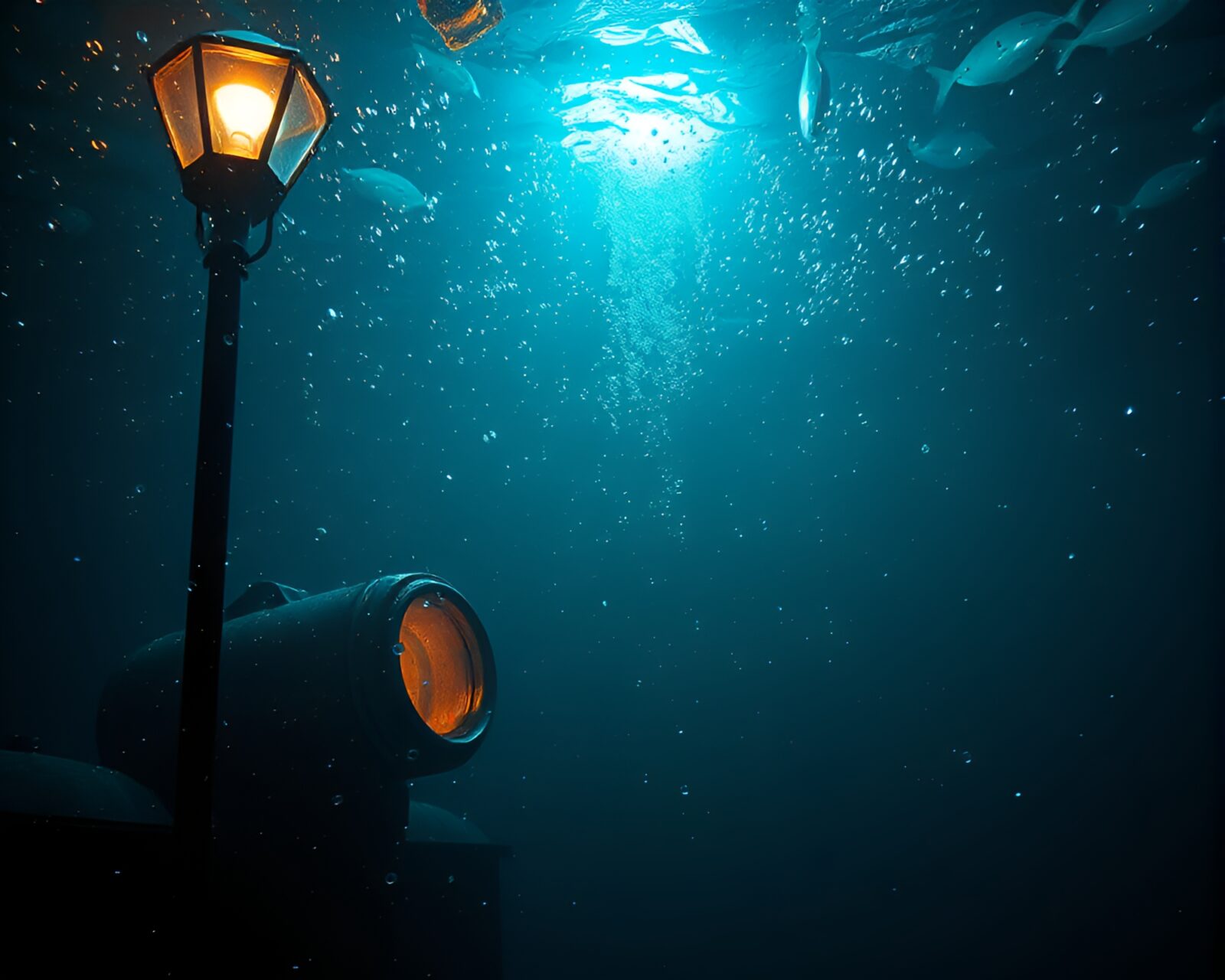 Selective color image of a submarine exploring glowing underwater city