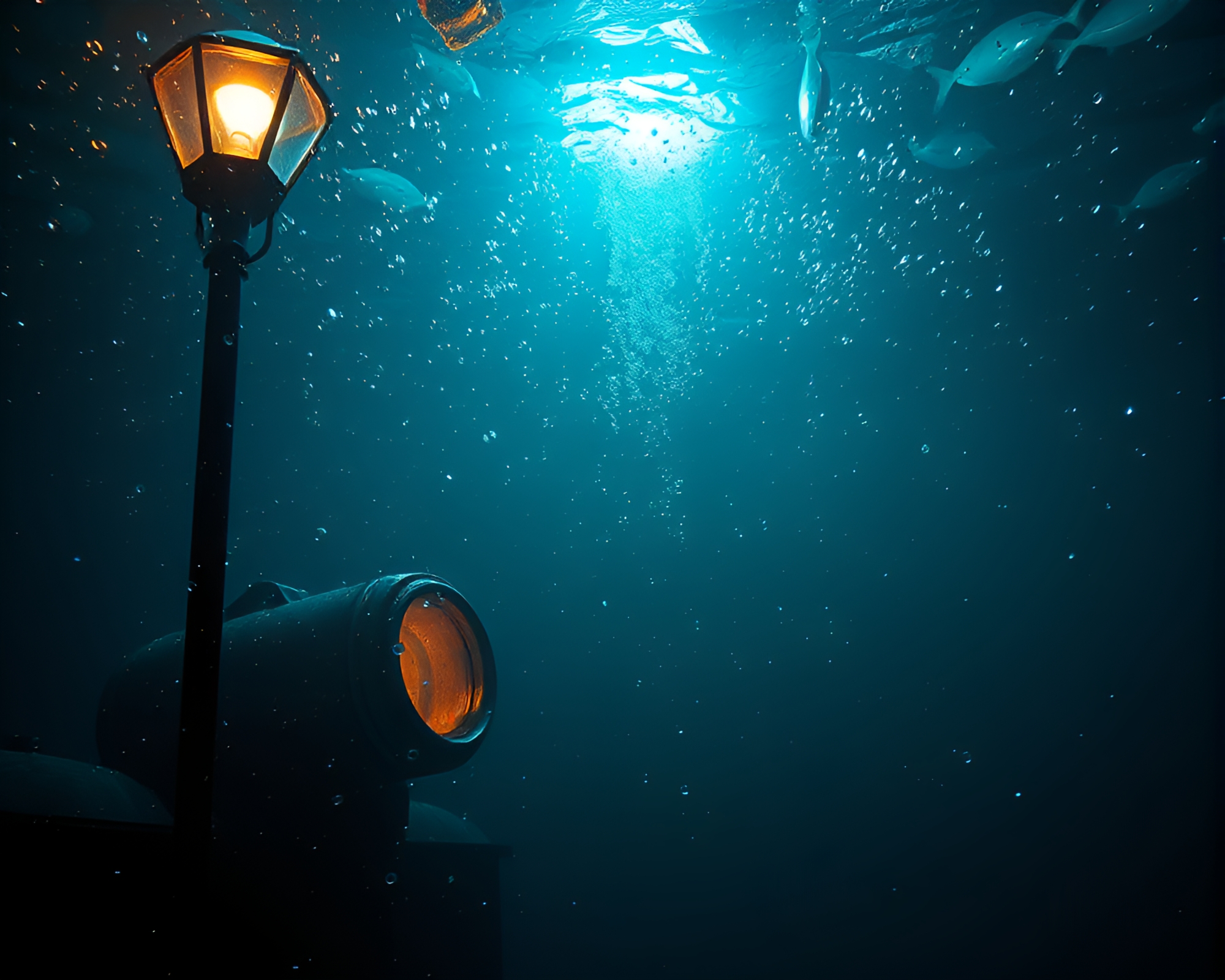 Submarine in Underwater City Illuminated by Streetlamp Glow – free AI stock image