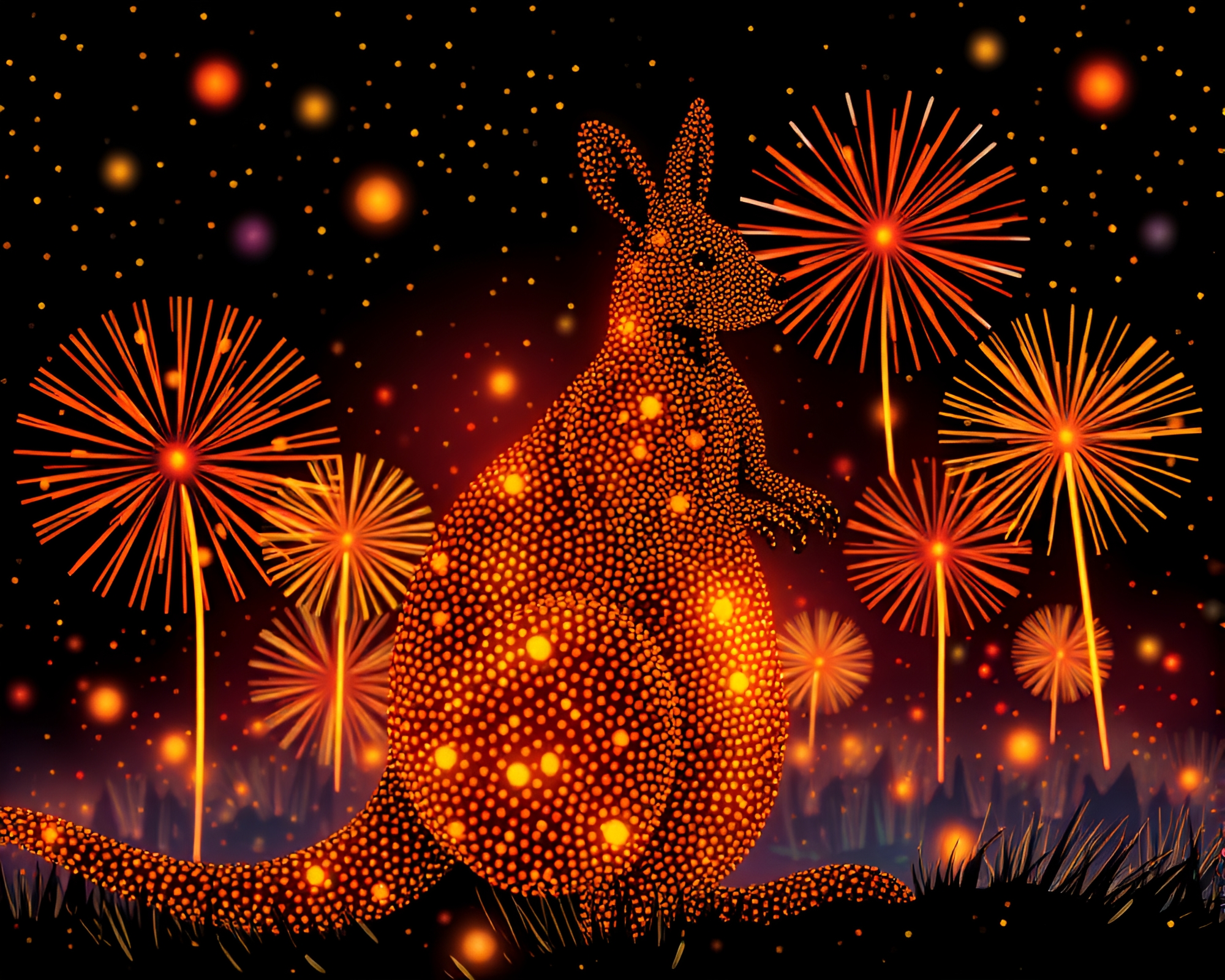 Futuristic Kangaroo Dancing in Pointillist Fireworks Festival – free AI stock image