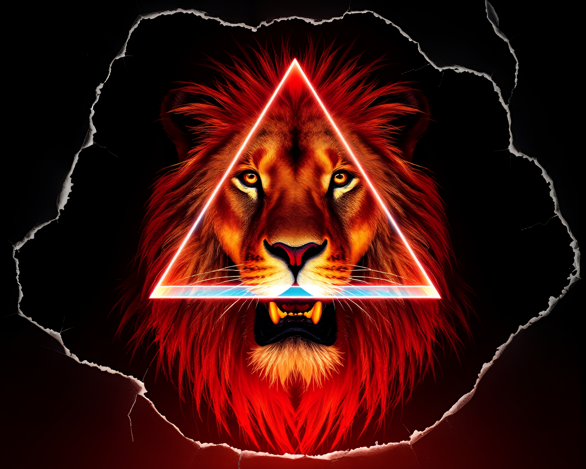 Lion with Prism Reflection in Torn Edges – free AI stock image